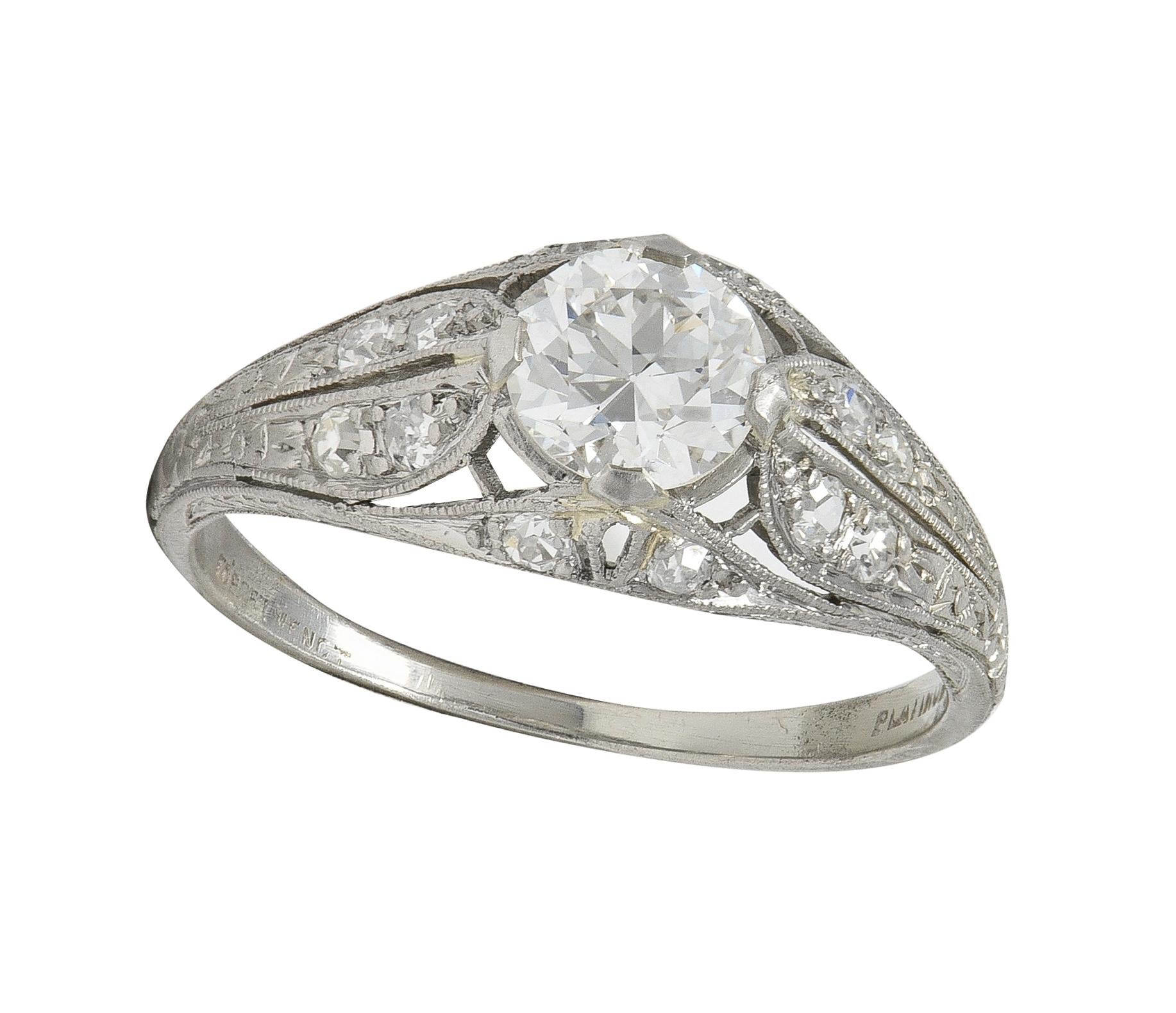 Late Art Deco 0.84 CTW Diamond Platinum Vintage Foliate Bombé Engagement Ring