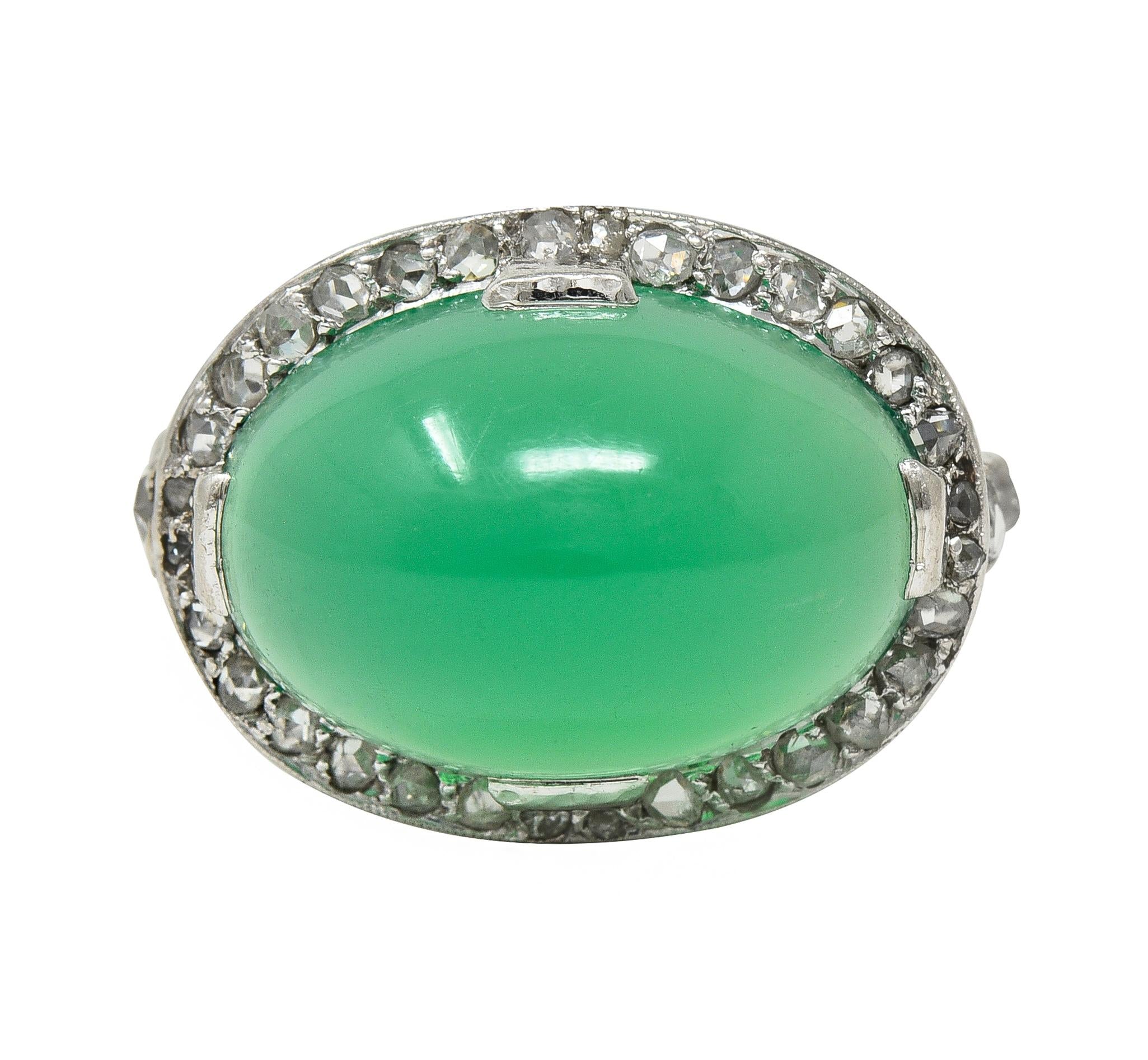 Art Deco Chrysoprase Diamond Platinum Vintage Scrolling Halo Ring