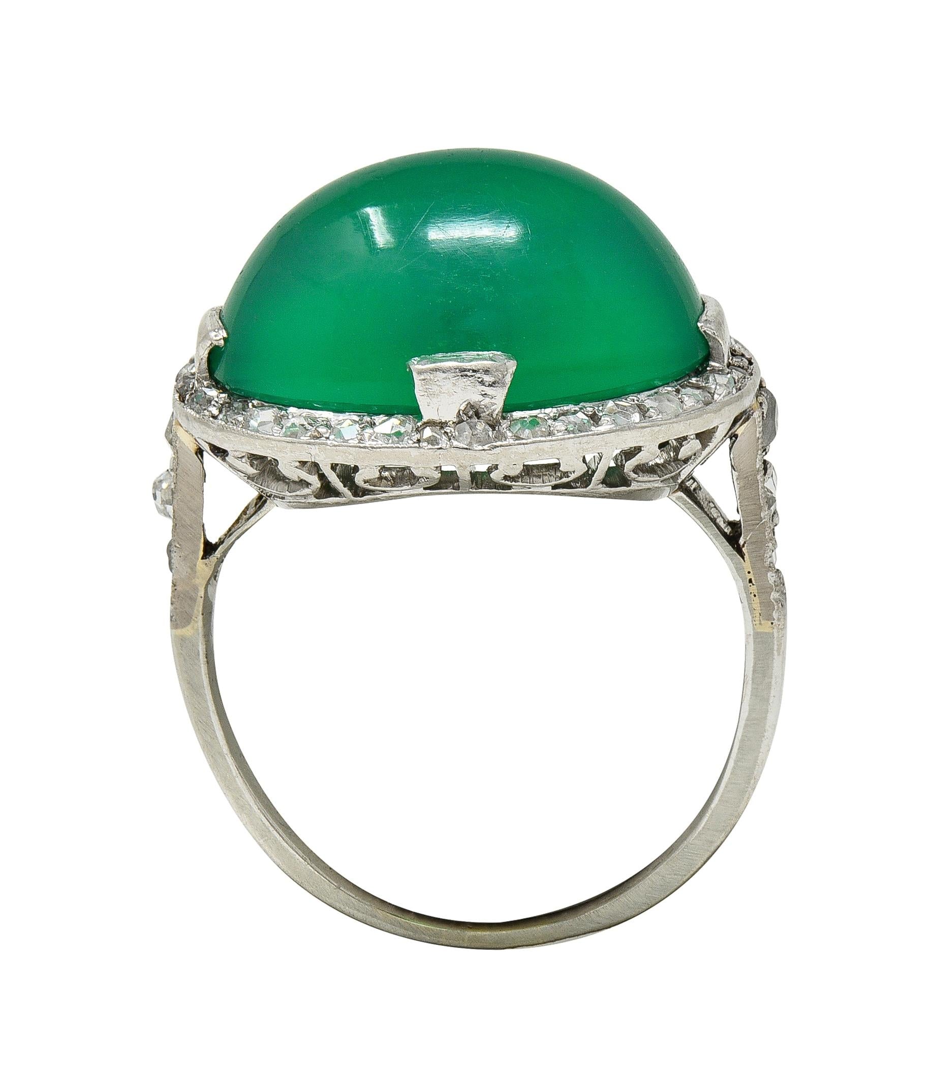 Art Deco Chrysoprase Diamond Platinum Vintage Scrolling Halo Ring