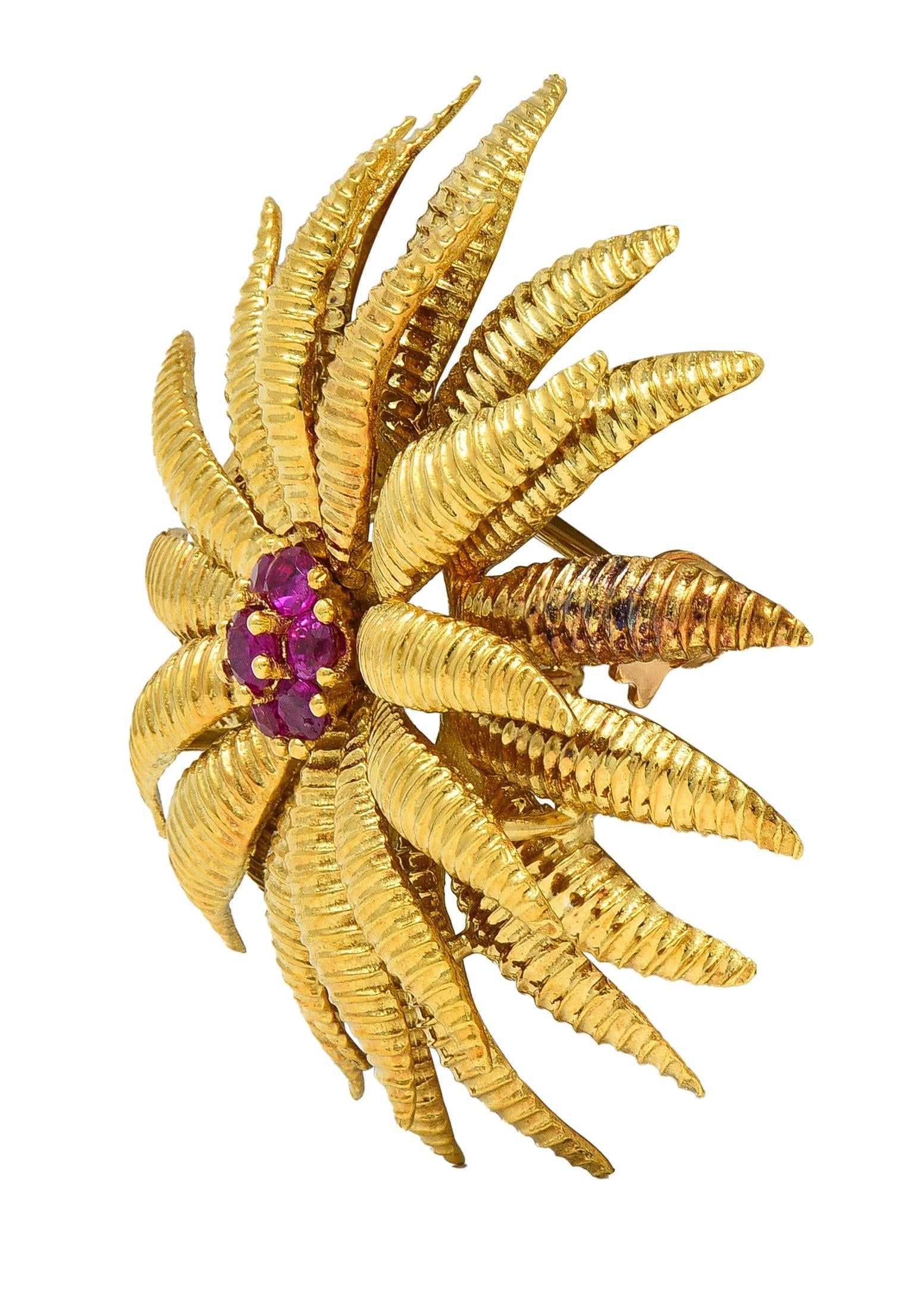 Tiffany & Co. 1960's Ruby 18 Karat Yellow Gold Vintage Flower Floral Brooch