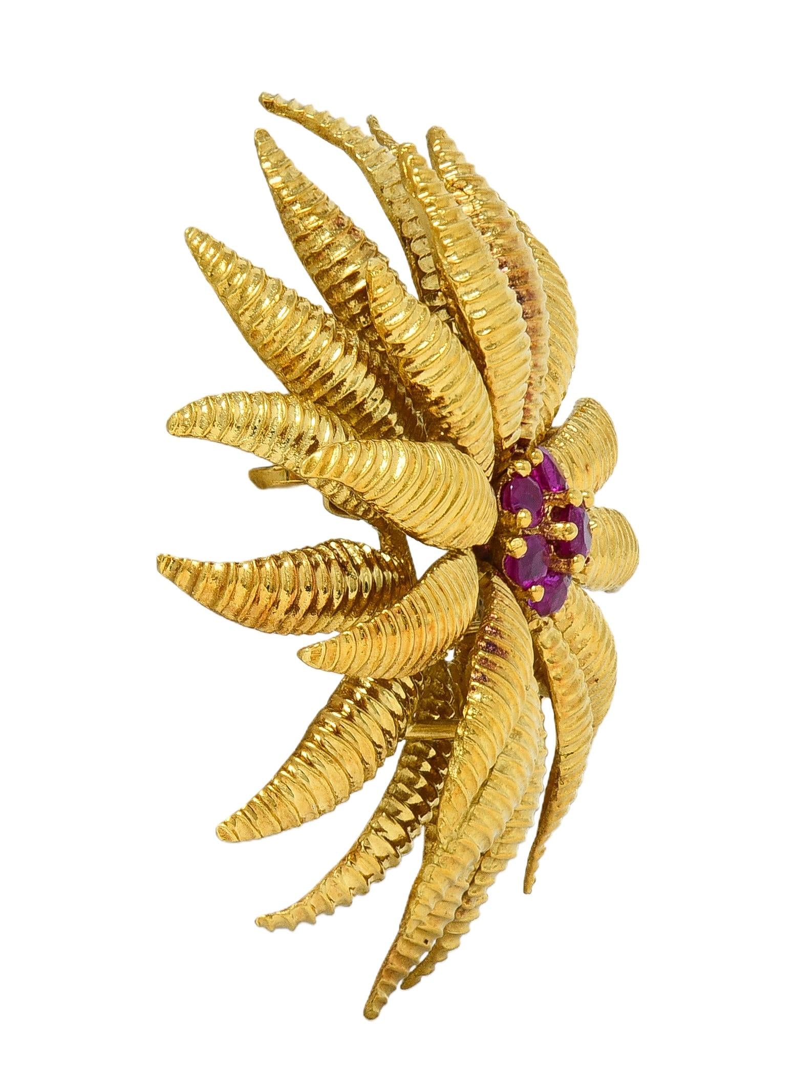 Tiffany & Co. 1960's Ruby 18 Karat Yellow Gold Vintage Flower Floral Brooch