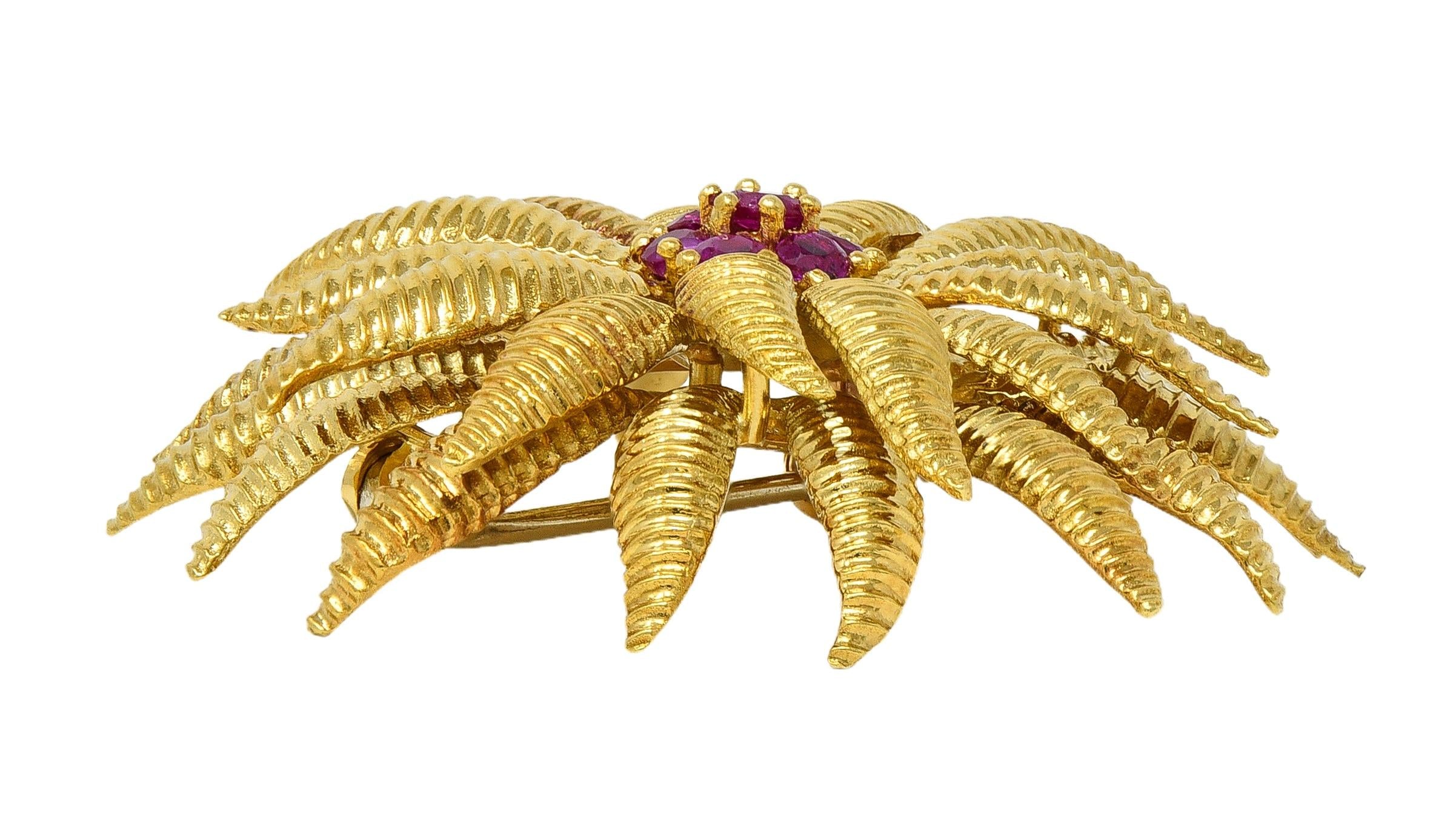 Tiffany & Co. 1960's Ruby 18 Karat Yellow Gold Vintage Flower Floral Brooch