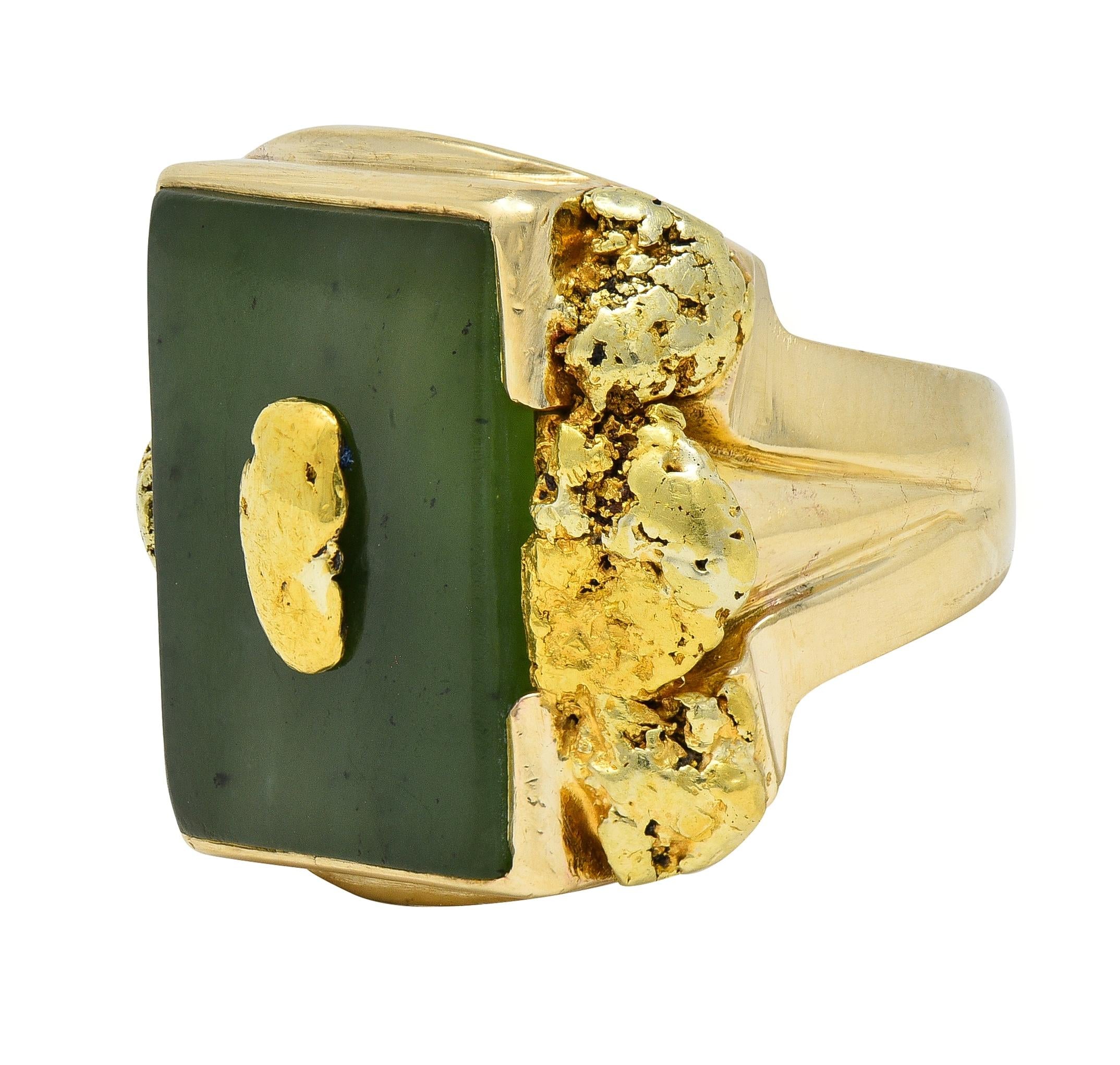 1960's Nephrite Jade 10 Karat Yellow Gold Vintage Nugget Signet Ring