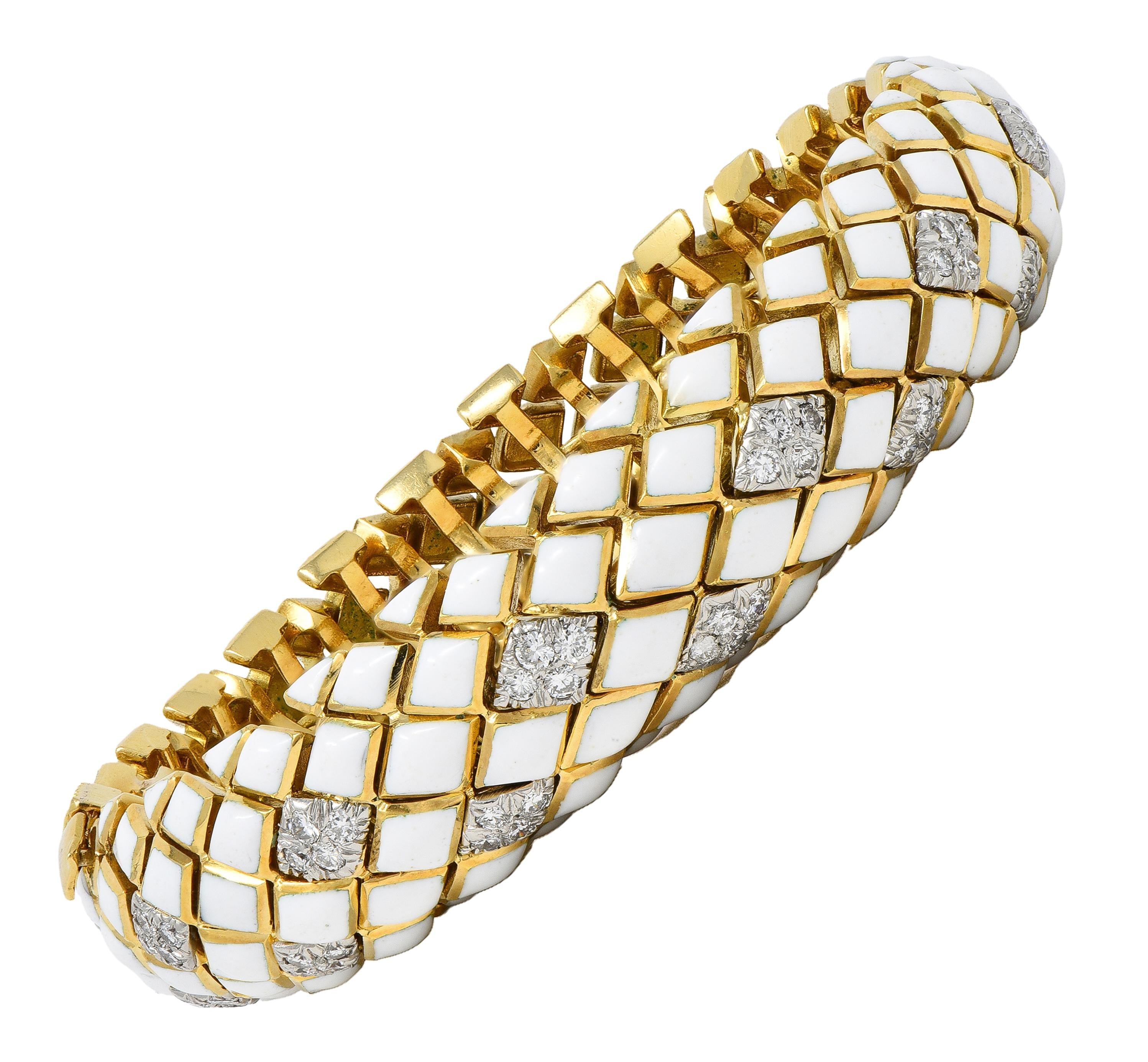 David Webb 1980's Diamond Enamel Platinum 18K Yellow Gold Harlequin Bracelet