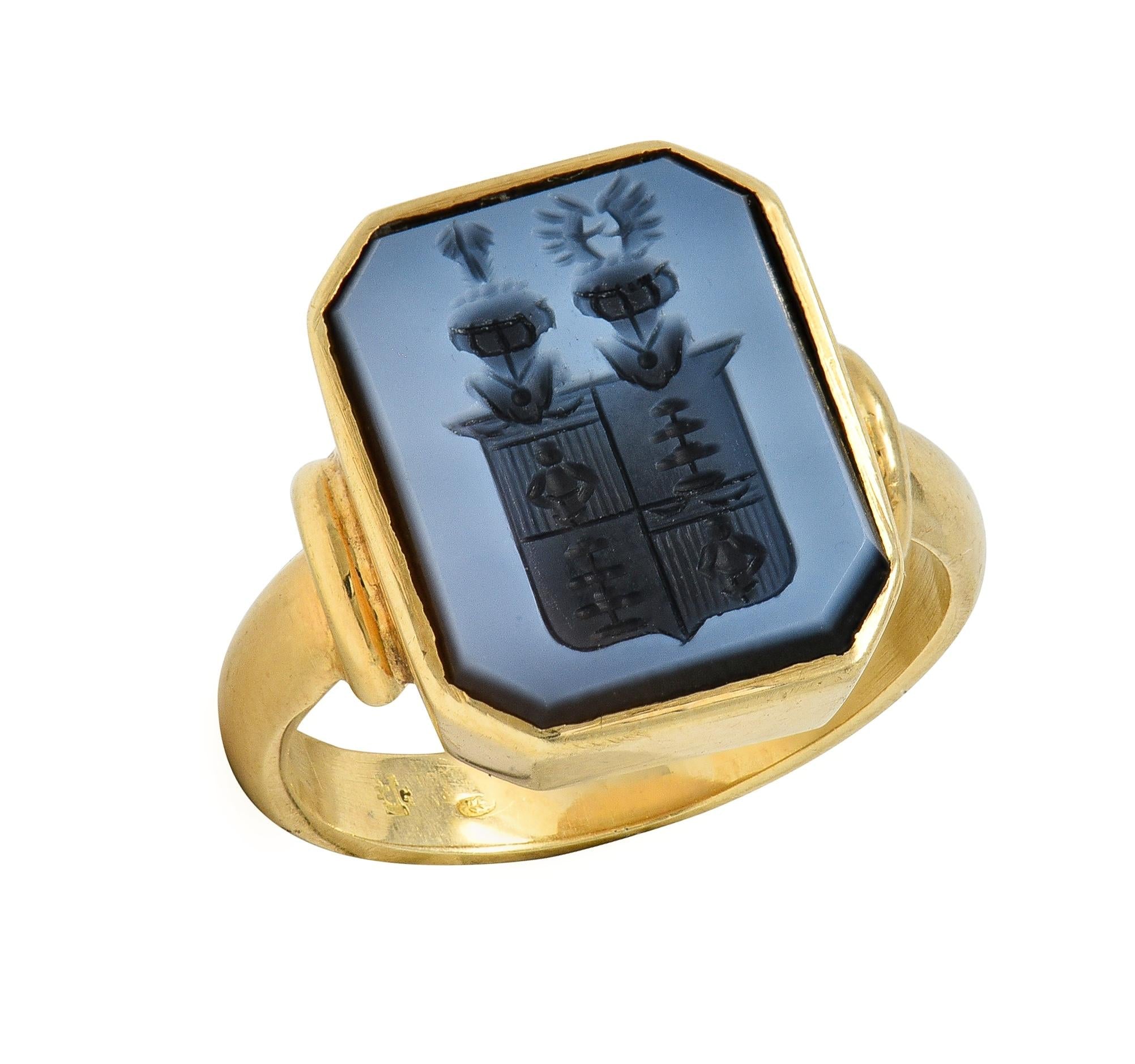 Victorian Blue Sardonyx 14K Yellow Gold Antique Heraldry Intaglio Signet Ring