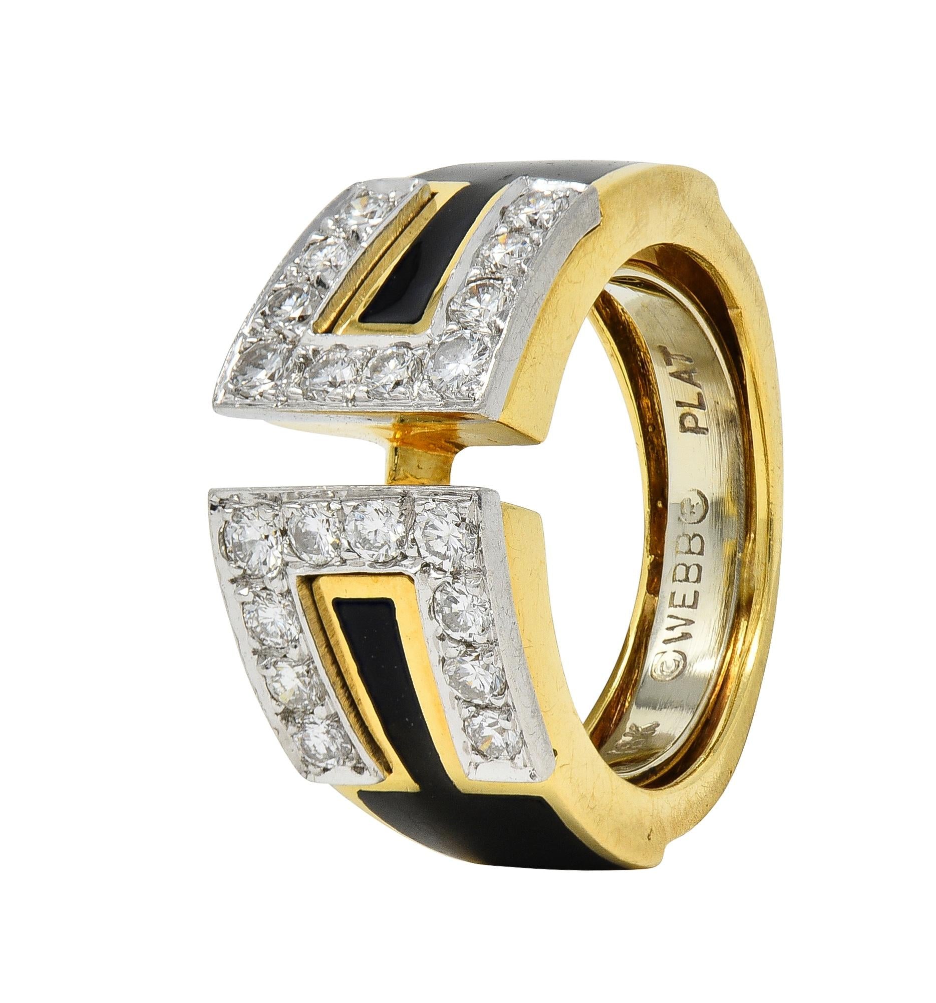 David Webb Diamond Black Enamel Platinum 18 Karat Yellow Gold Gap Ring