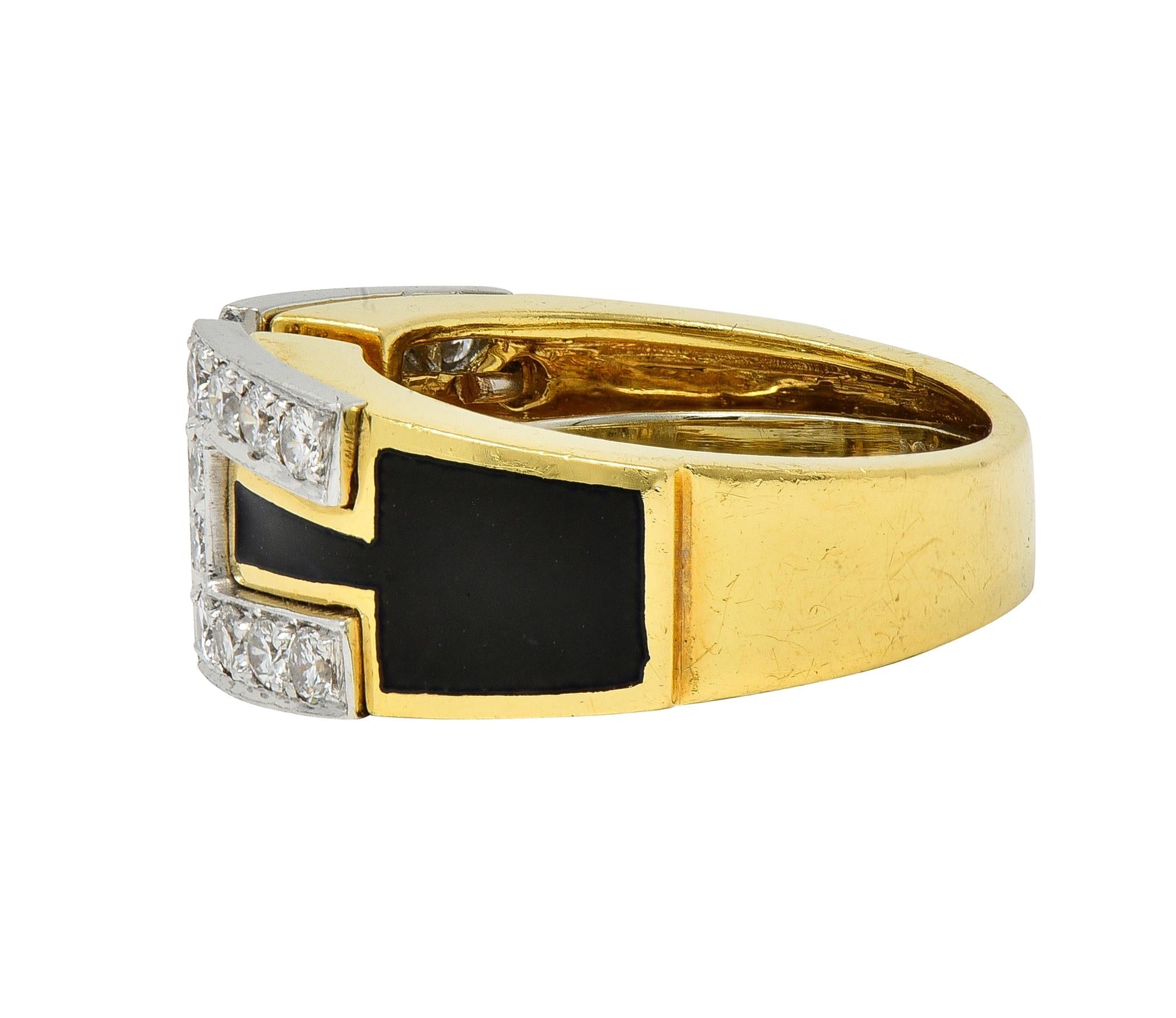 David Webb Diamond Black Enamel Platinum 18 Karat Yellow Gold Gap Ring