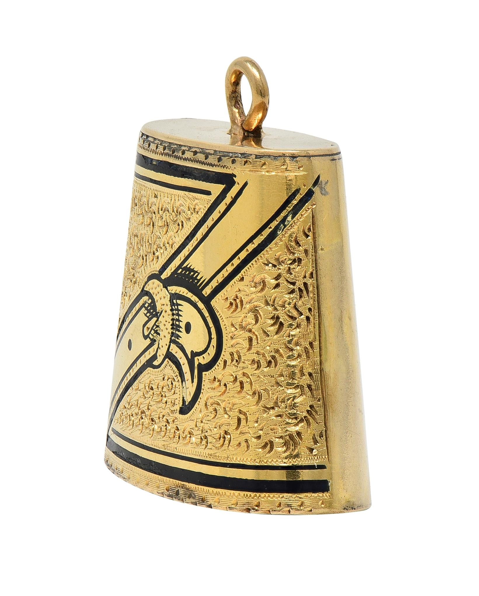 1959 Enamel 14 Karat Yellow Gold Engraved Belt Motif Vintage Cowbell Charm