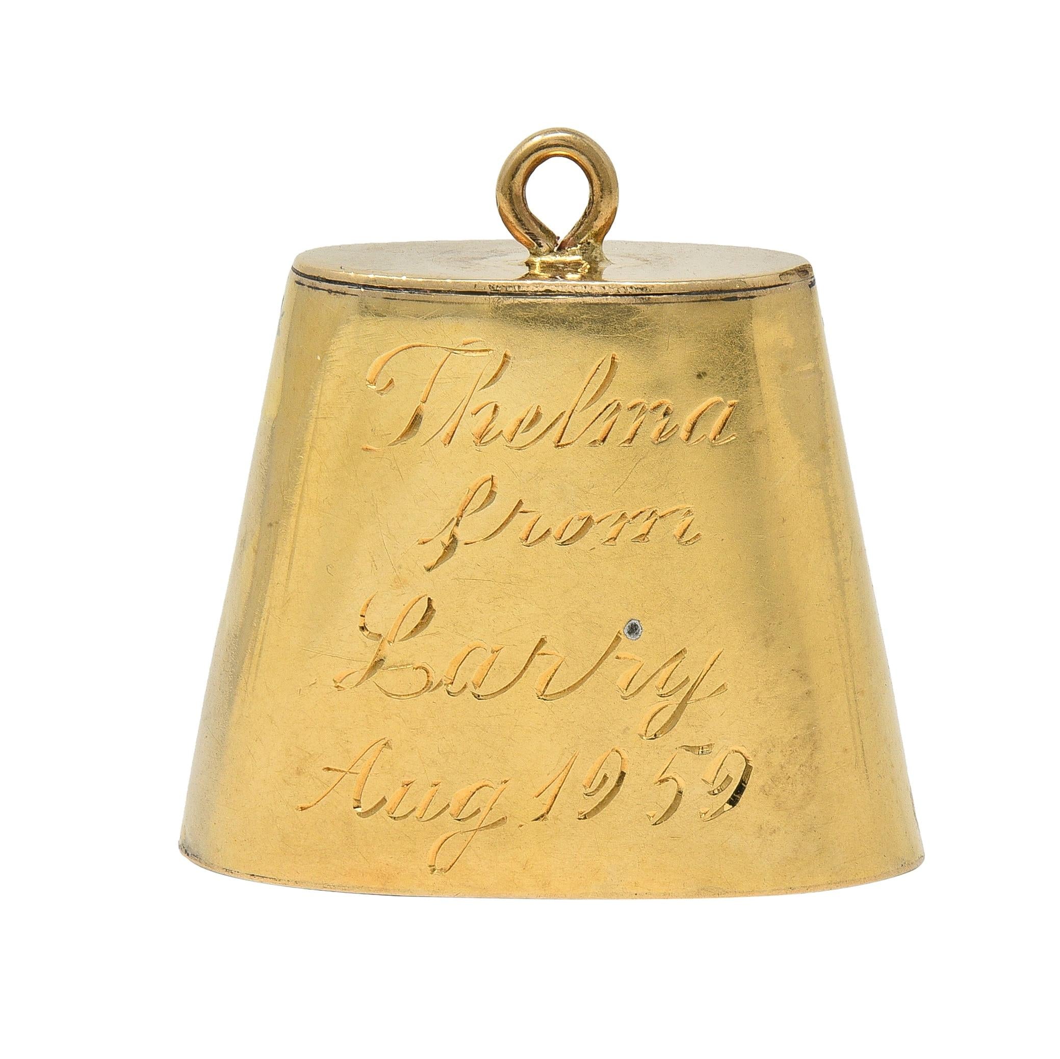 1959 Enamel 14 Karat Yellow Gold Engraved Belt Motif Vintage Cowbell Charm