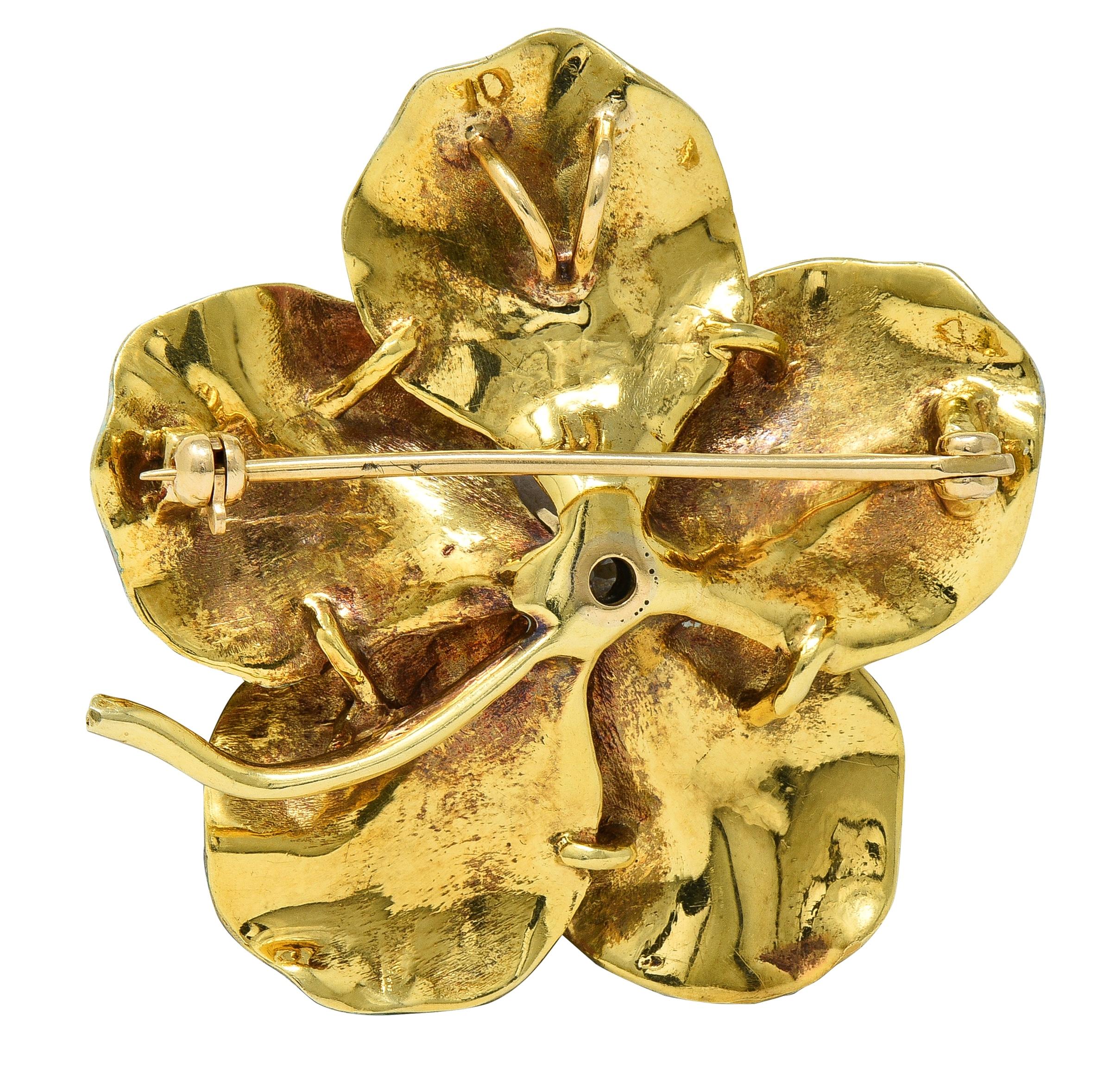 Art Nouveau Diamond Enamel 14 Karat Yellow Gold Antique Flower Pendant Brooch