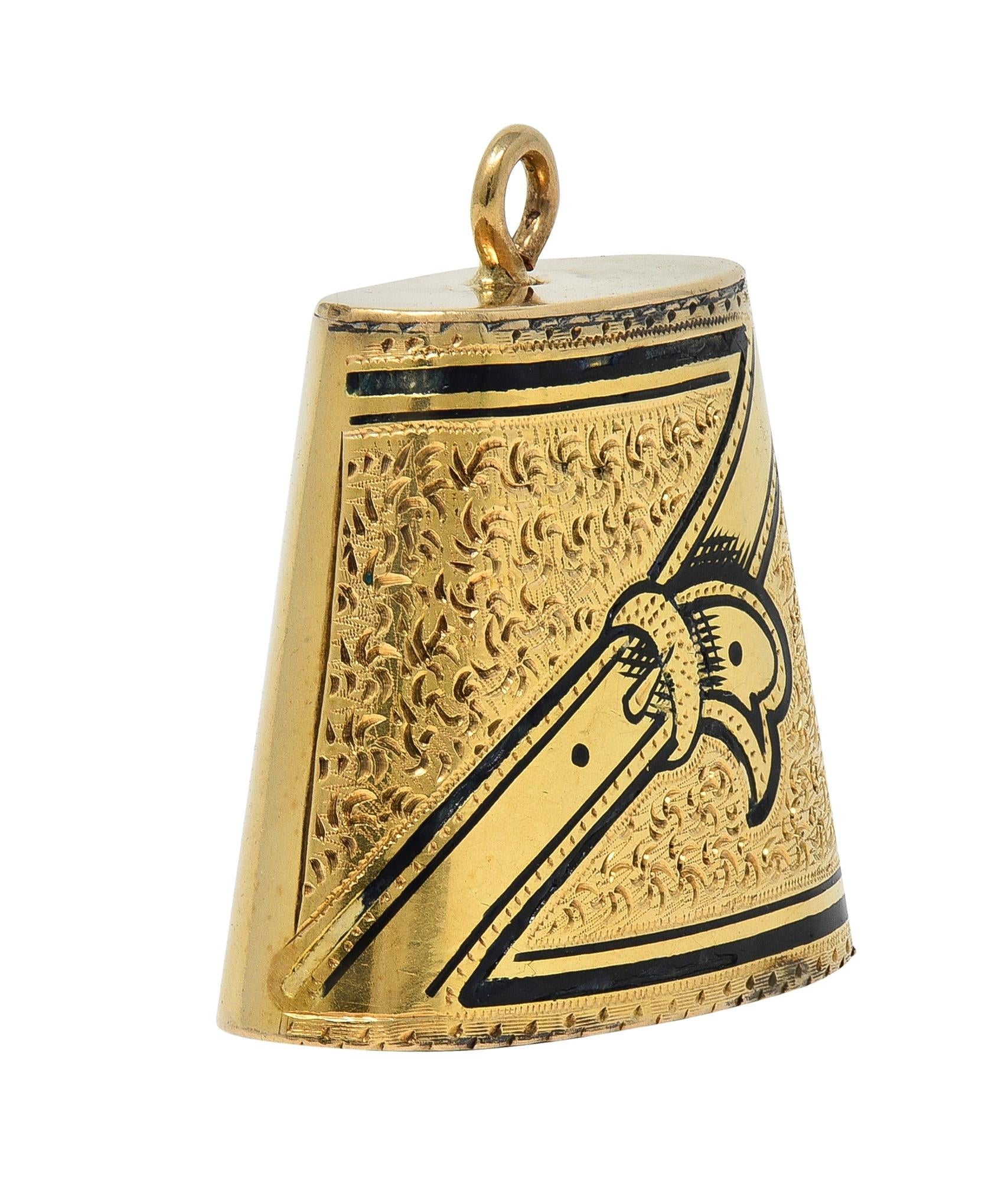 1959 Enamel 14 Karat Yellow Gold Engraved Belt Motif Vintage Cowbell Charm