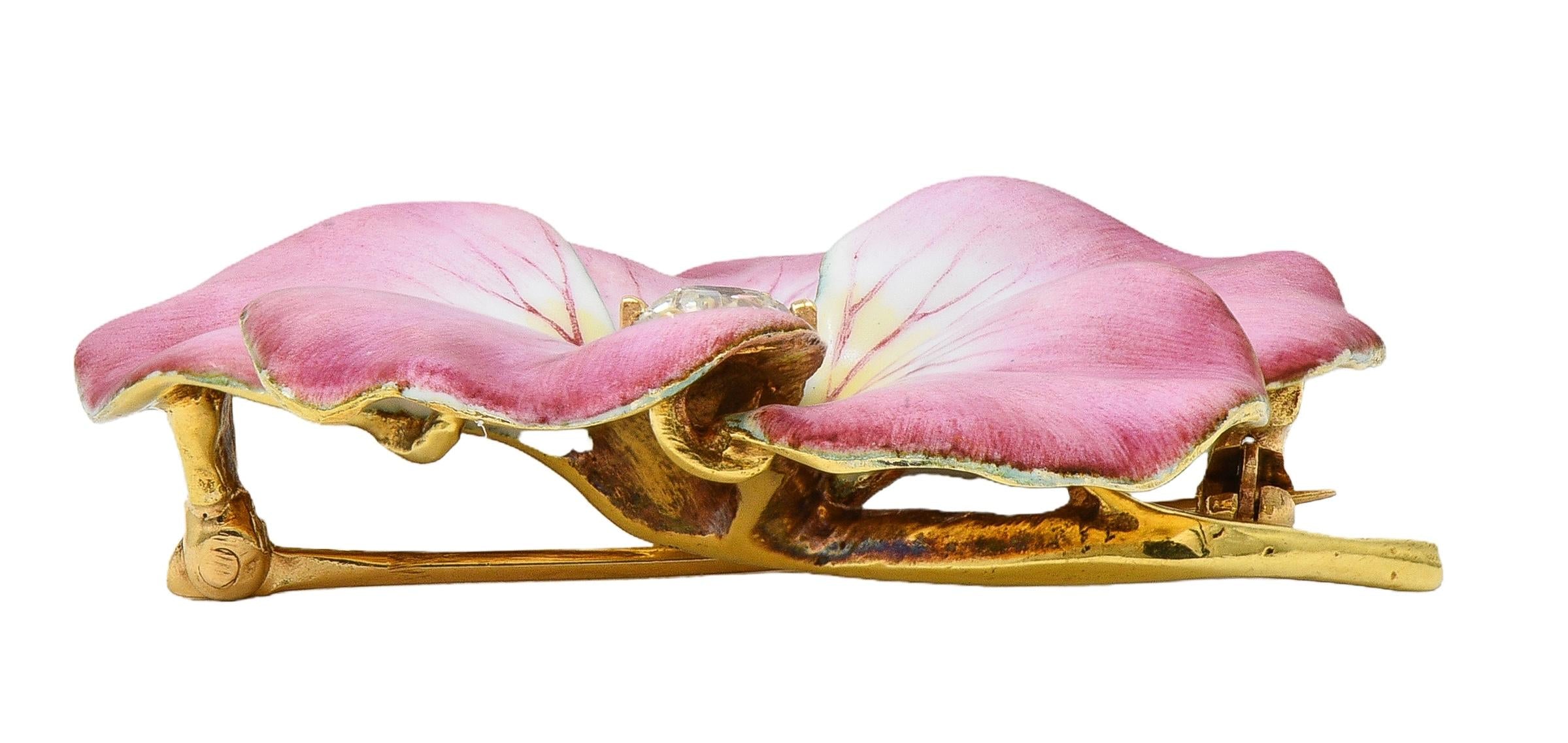 Art Nouveau Diamond Enamel 14 Karat Yellow Gold Antique Flower Pendant Brooch