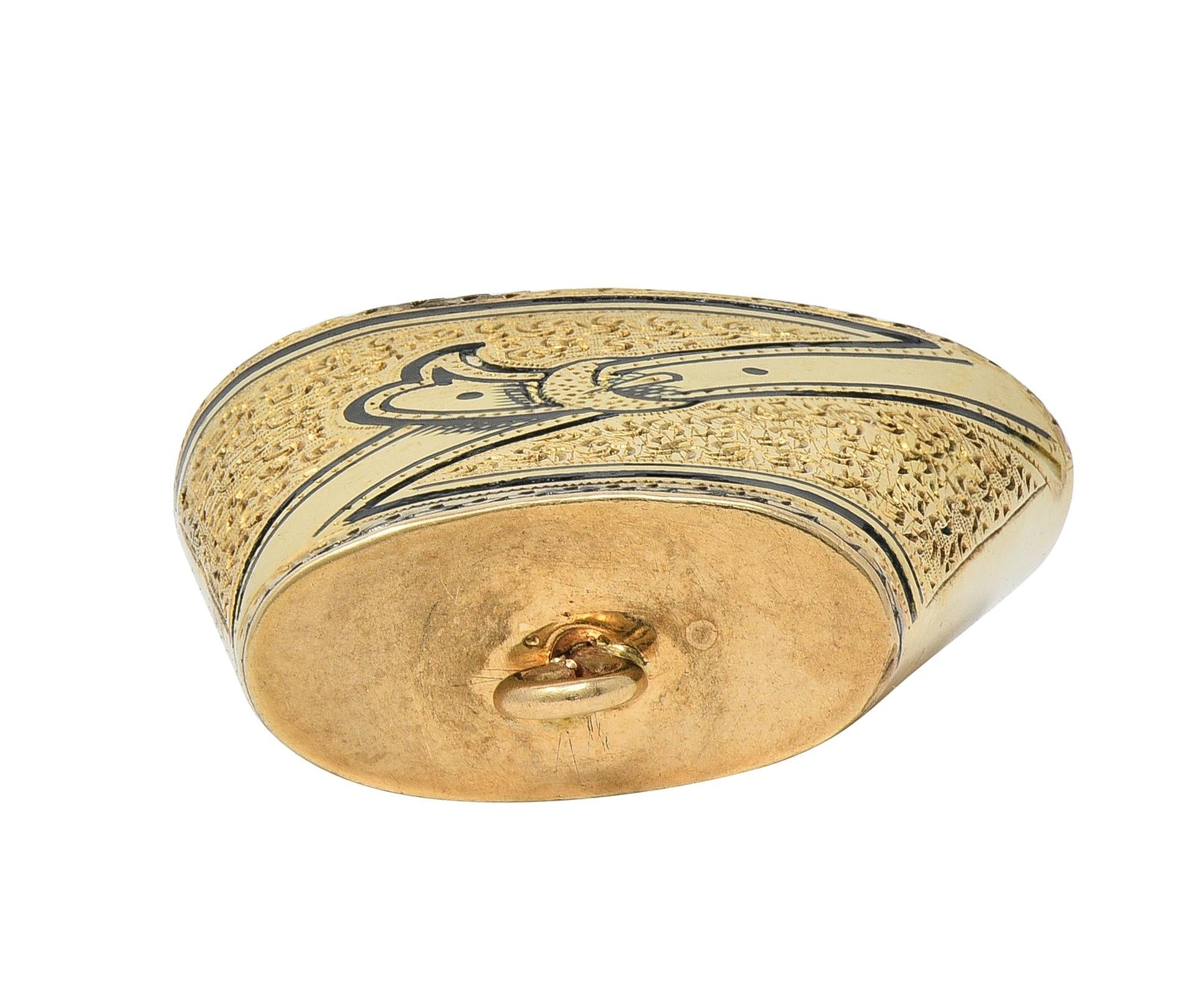 1959 Enamel 14 Karat Yellow Gold Engraved Belt Motif Vintage Cowbell Charm