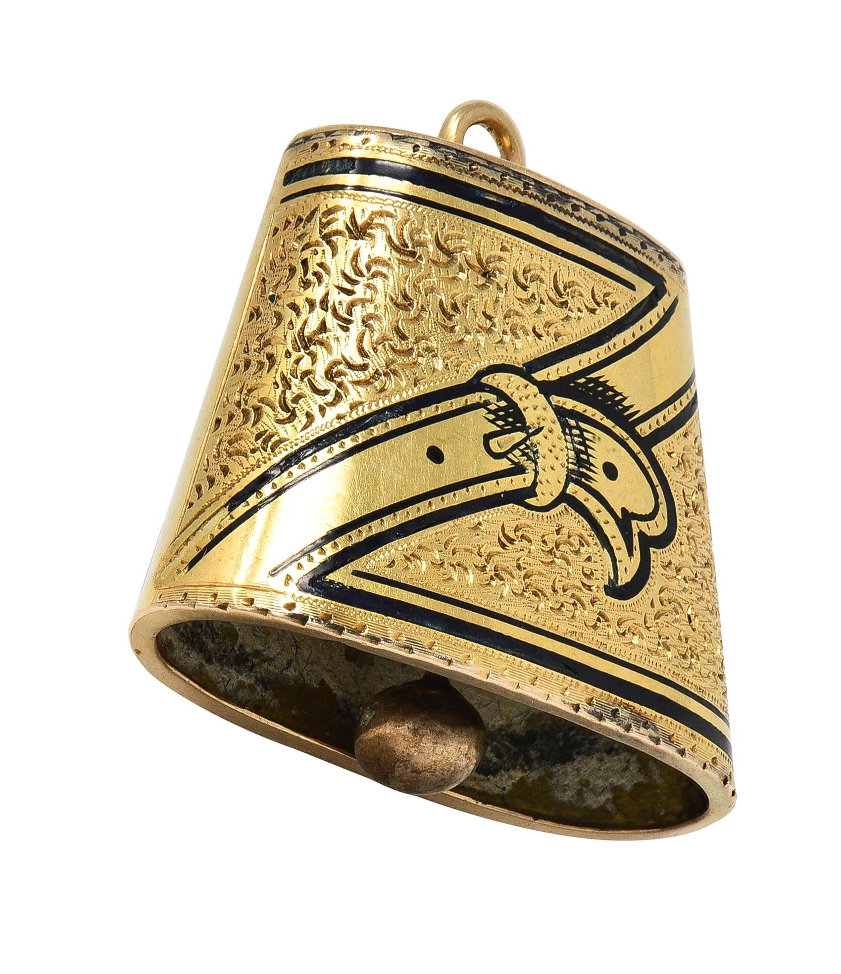 1959 Enamel 14 Karat Yellow Gold Engraved Belt Motif Vintage Cowbell Charm