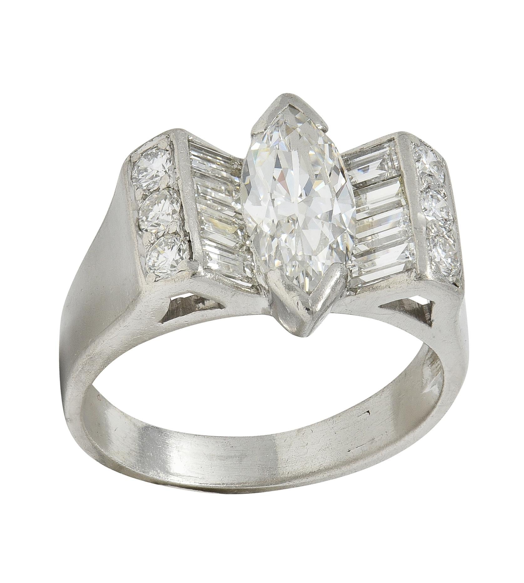 Mid-Century 2.05 CTW Marquise Diamond Platinum Vintage Bow Fashion Ring
