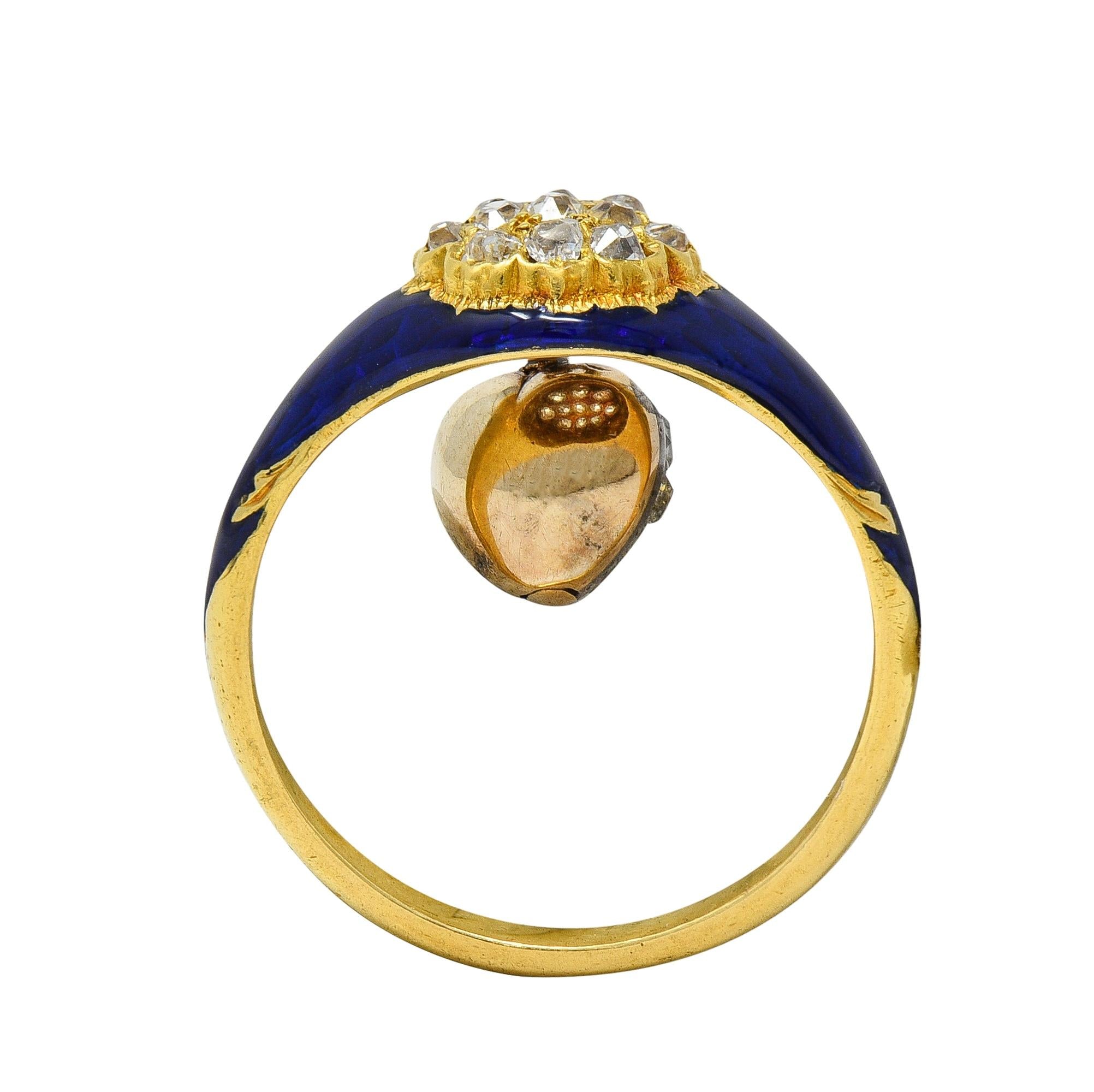 Victorian Diamond Blue Enamel 18K Yellow Gold Antique Heart Cluster Ring