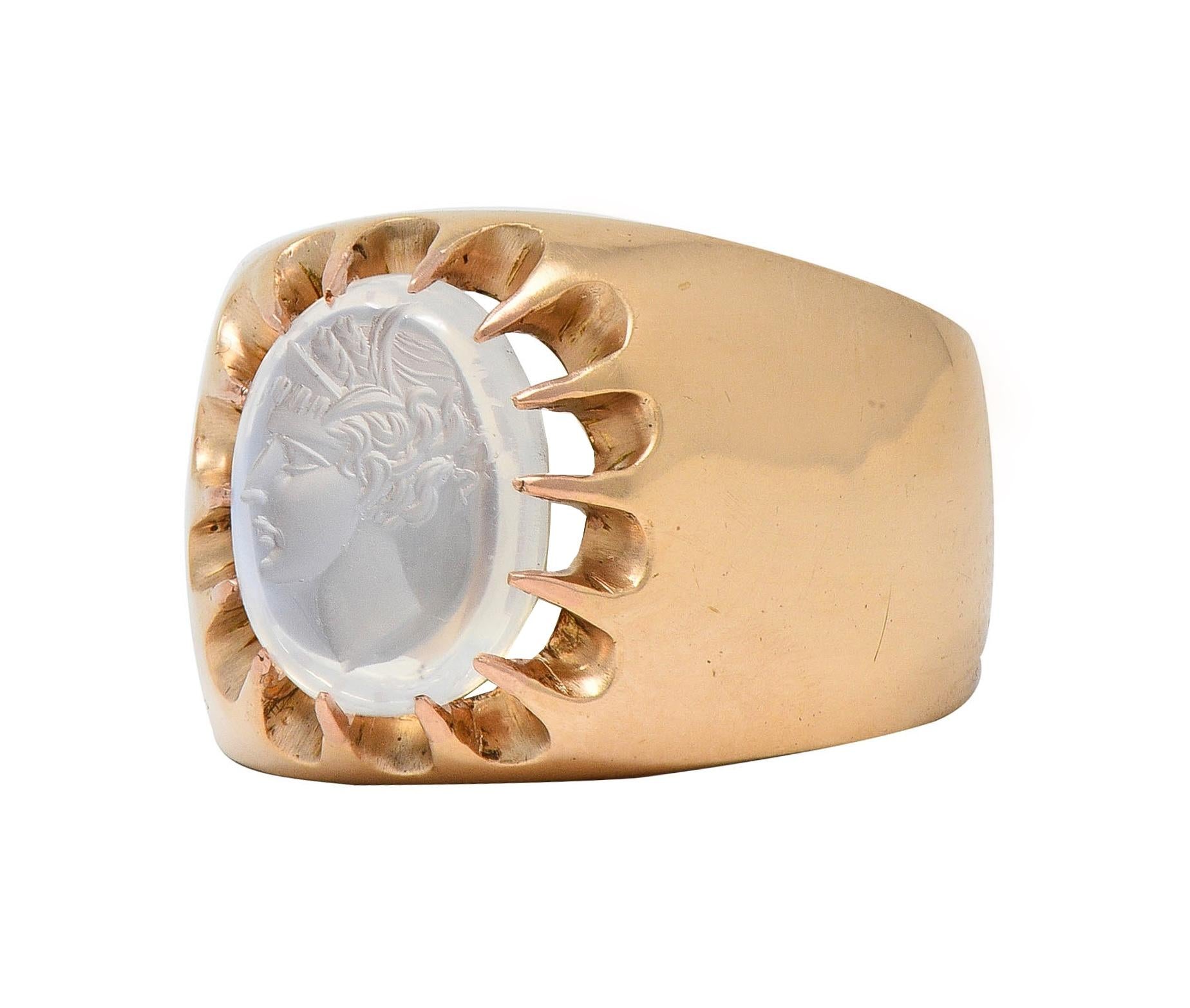 Victorian Moonstone Intaglio 14 Karat Yellow Gold Antique Belcher Unisex Ring