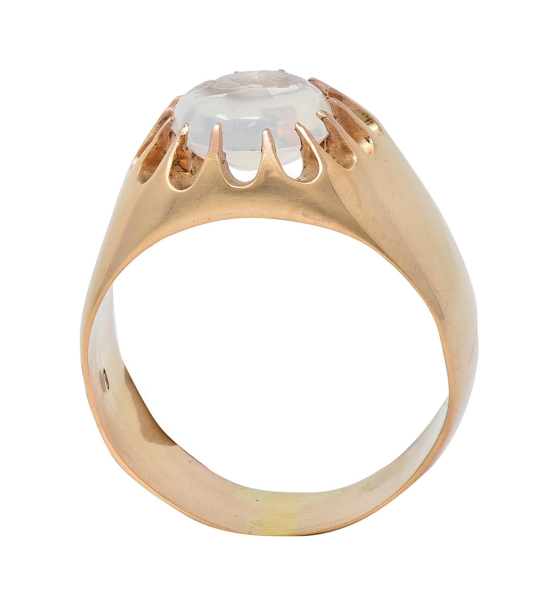 Victorian Moonstone Intaglio 14 Karat Yellow Gold Antique Belcher Unisex Ring