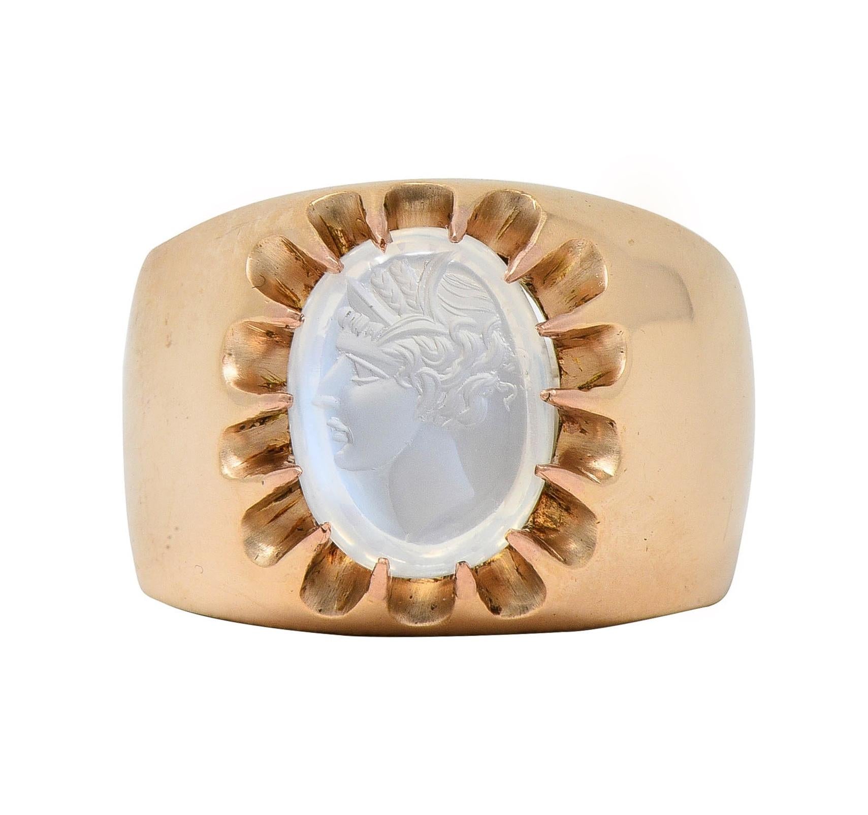 Victorian Moonstone Intaglio 14 Karat Yellow Gold Antique Belcher Unisex Ring