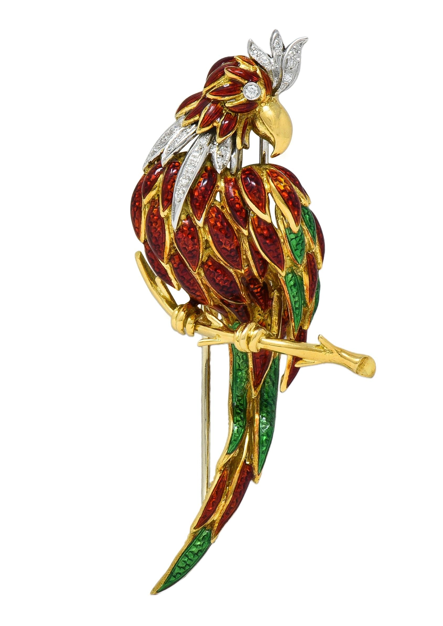 1980's Diamond Enamel 18 Karat Two-Tone Gold Vintage Parrot Brooch