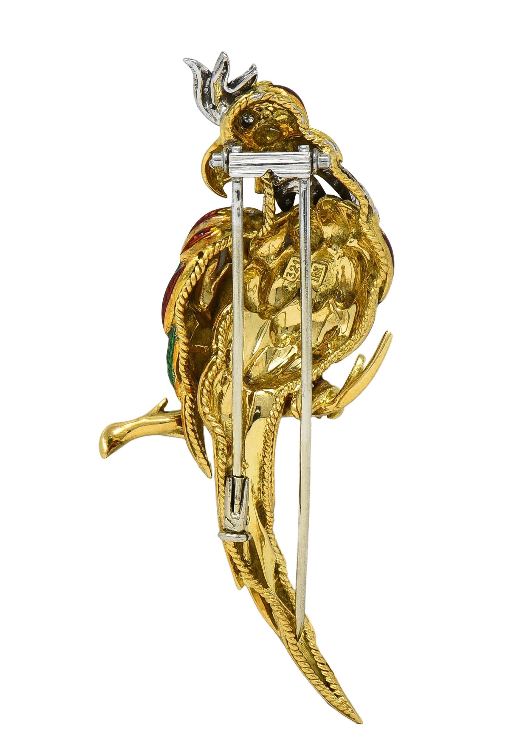 1980's Diamond Enamel 18 Karat Two-Tone Gold Vintage Parrot Brooch