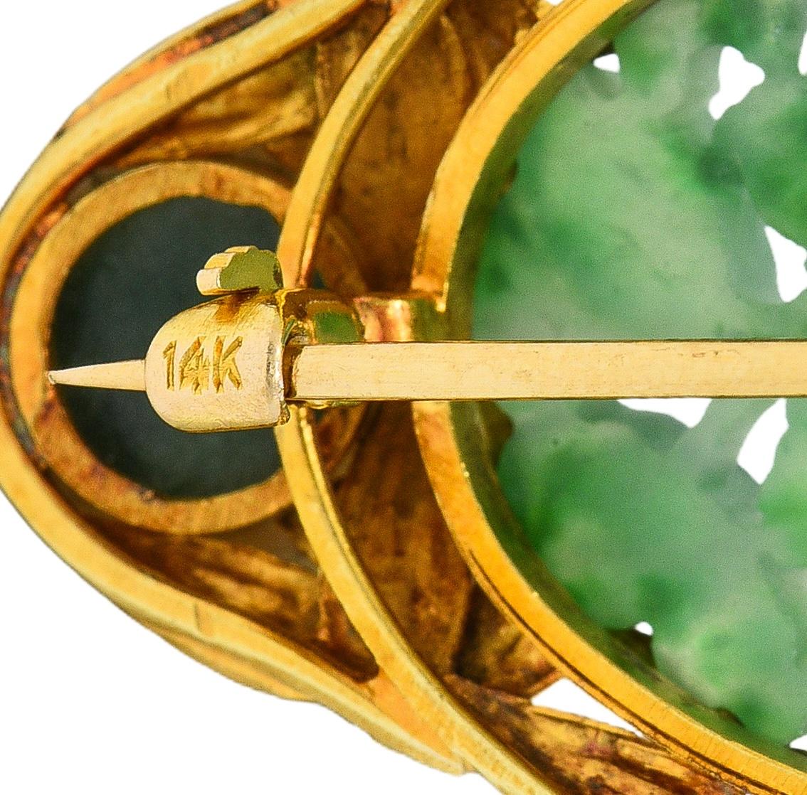 Early Art Deco Carved Jade 14 Karat Yellow Gold Antique Wheat Brooch