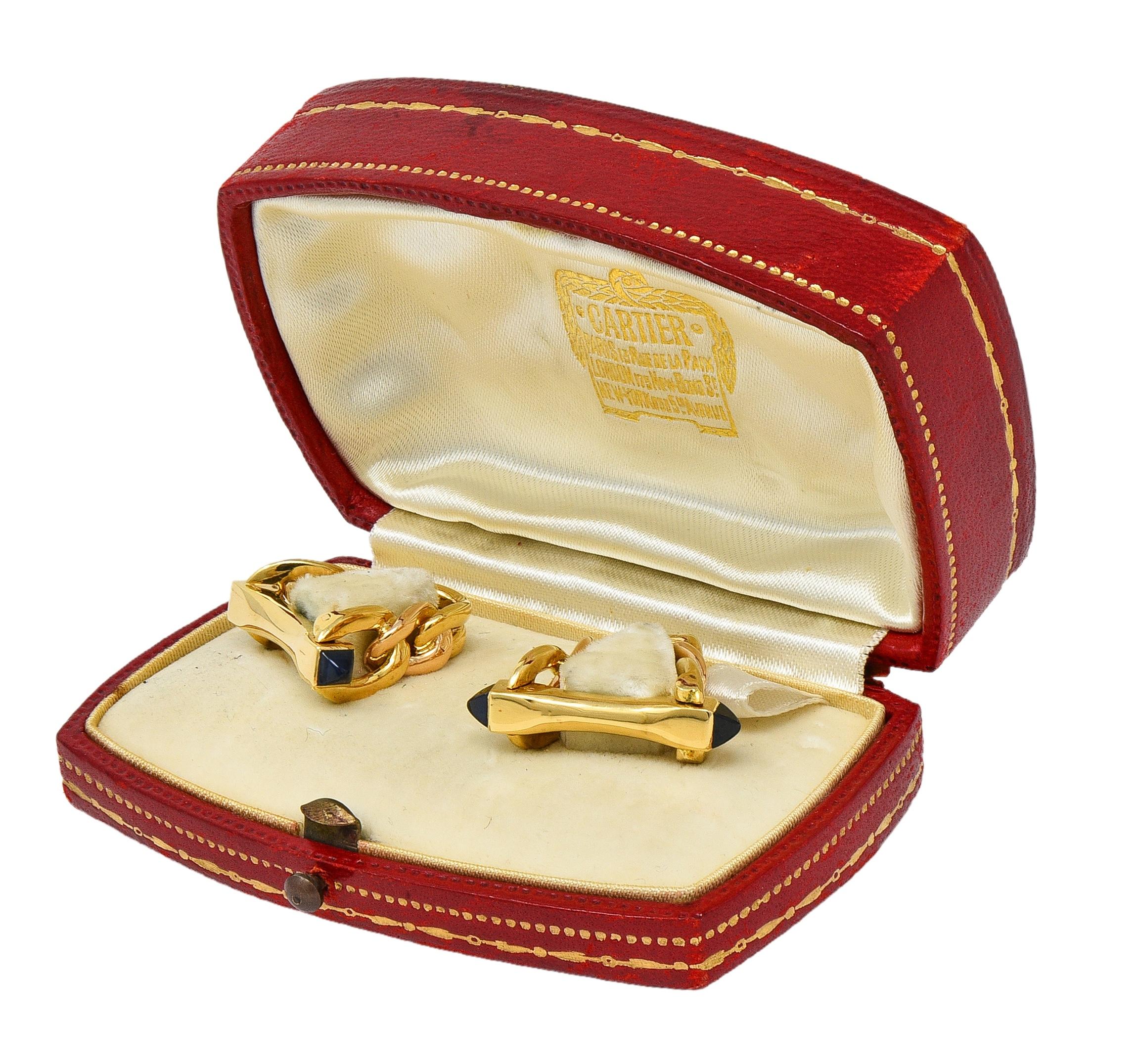 Cartier 1940's Sapphire 18 Karat Yellow Gold Vintage Stirrup Cufflinks