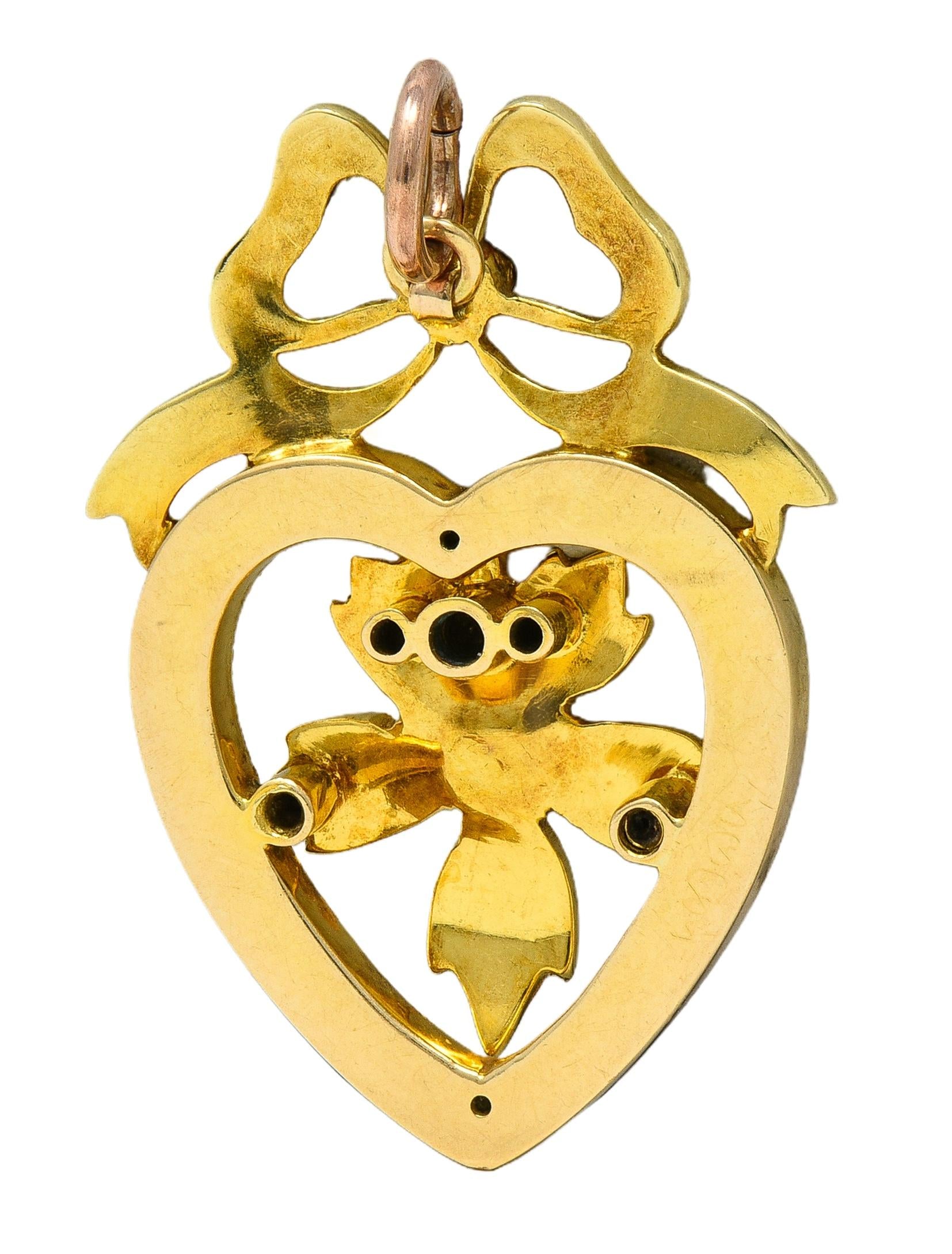 Edwardian Pearl Enamel 14 Karat Yellow Gold Antique Bow Heart Pendant