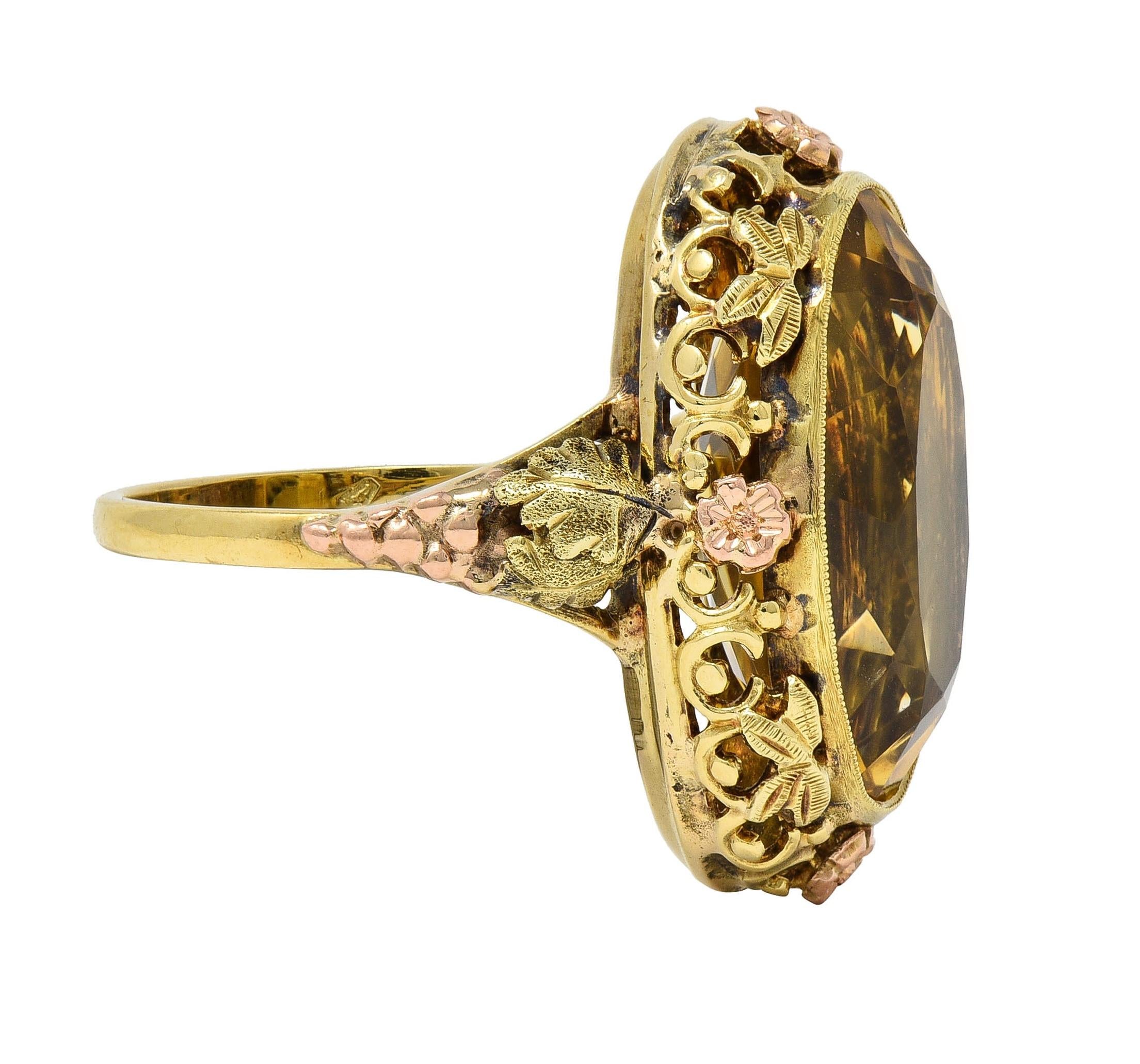 Art Deco 11.55 Citrine 14 Karat Two-Tone Gold Antique Grapevine Cocktail Ring