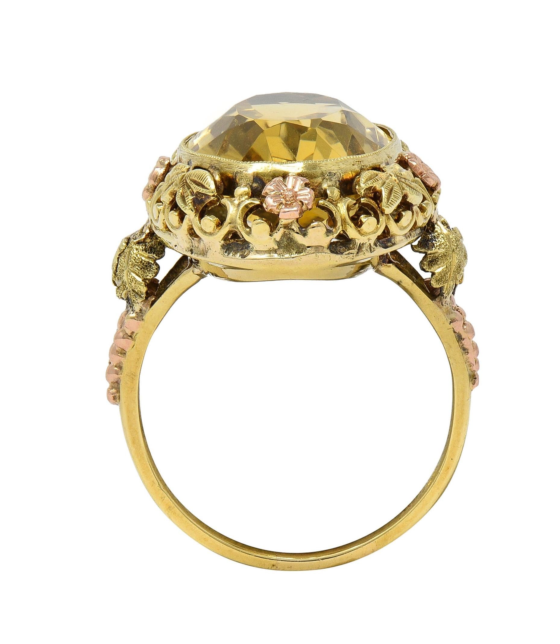 Art Deco 11.55 Citrine 14 Karat Two-Tone Gold Antique Grapevine Cocktail Ring