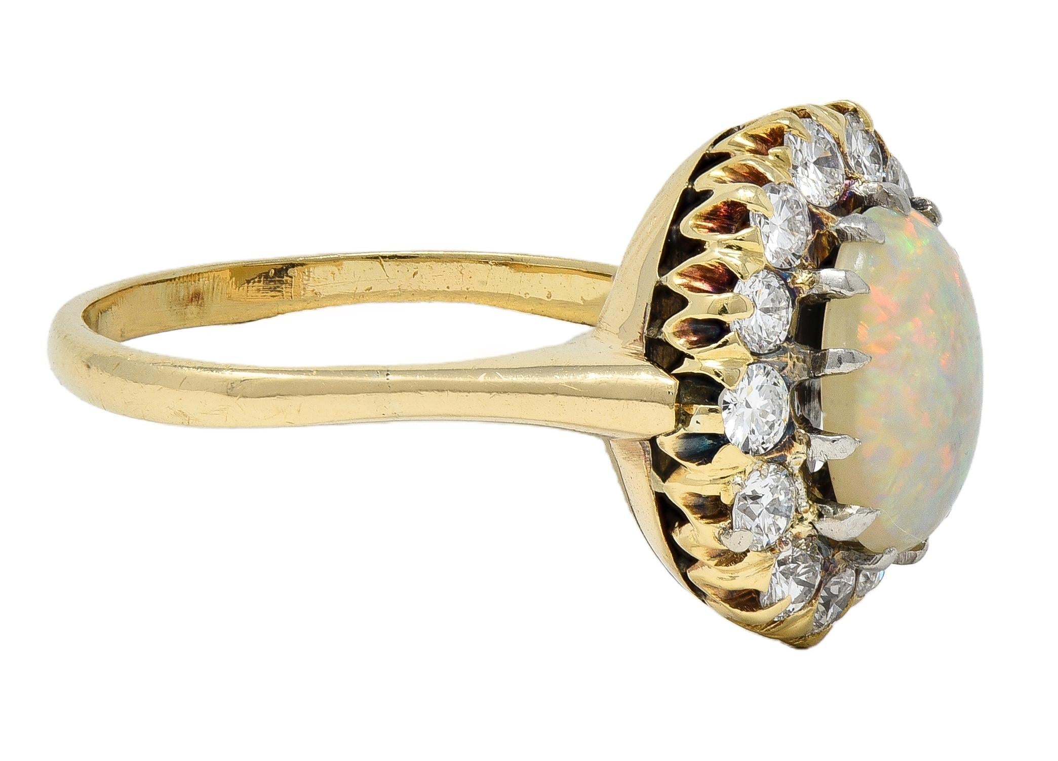 Edwardian Opal Diamond Platinum 14 Karat Yellow Gold Antique Halo Ring