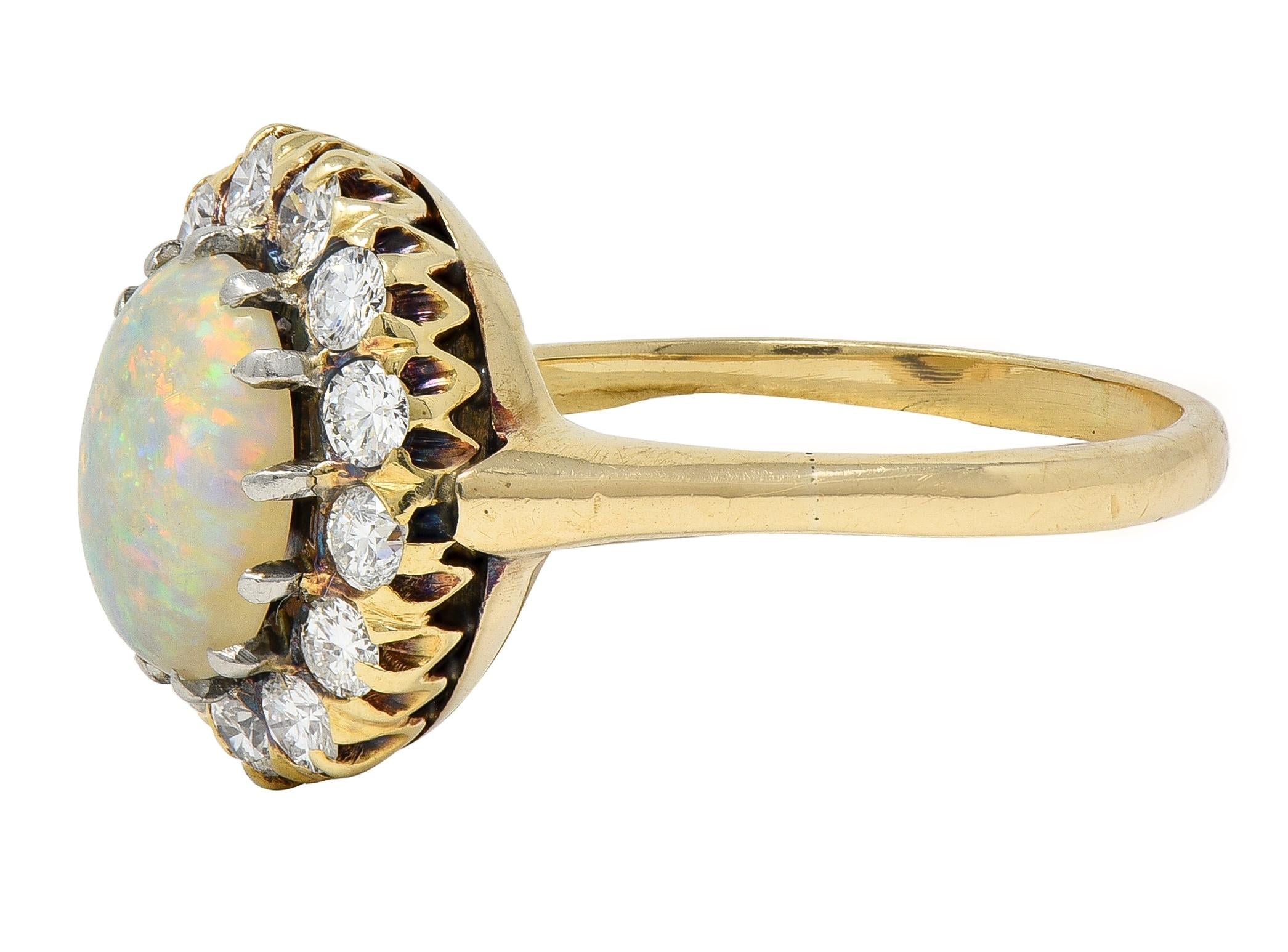 Edwardian Opal Diamond Platinum 14 Karat Yellow Gold Antique Halo Ring