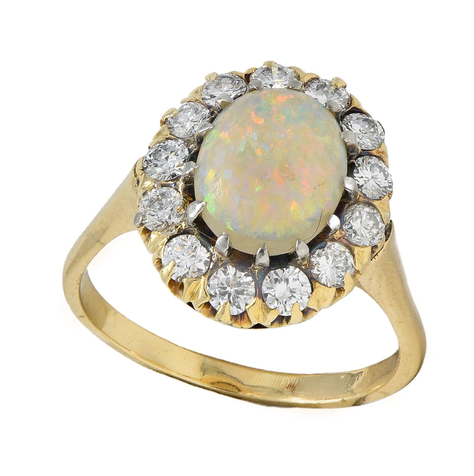 Edwardian Opal Diamond Platinum 14 Karat Yellow Gold Antique Halo Ring