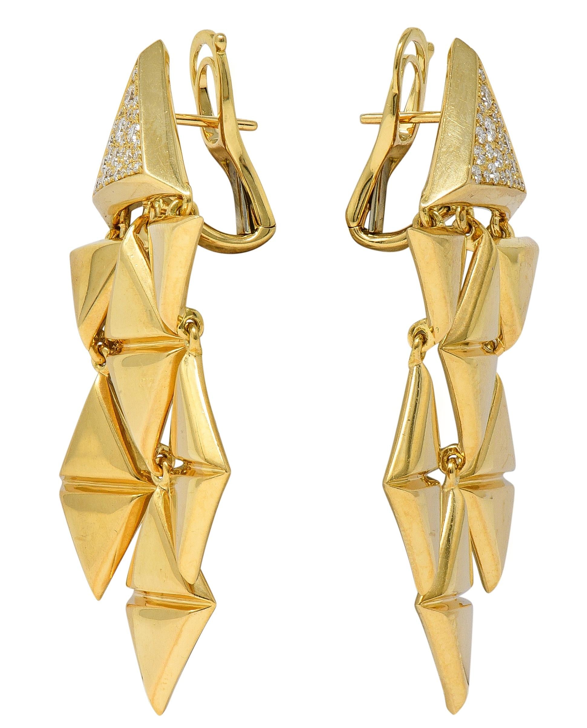 Marina B. 1980's Diamond 18 Karat Yellow Gold Vintage Triangoli Drop Earrings