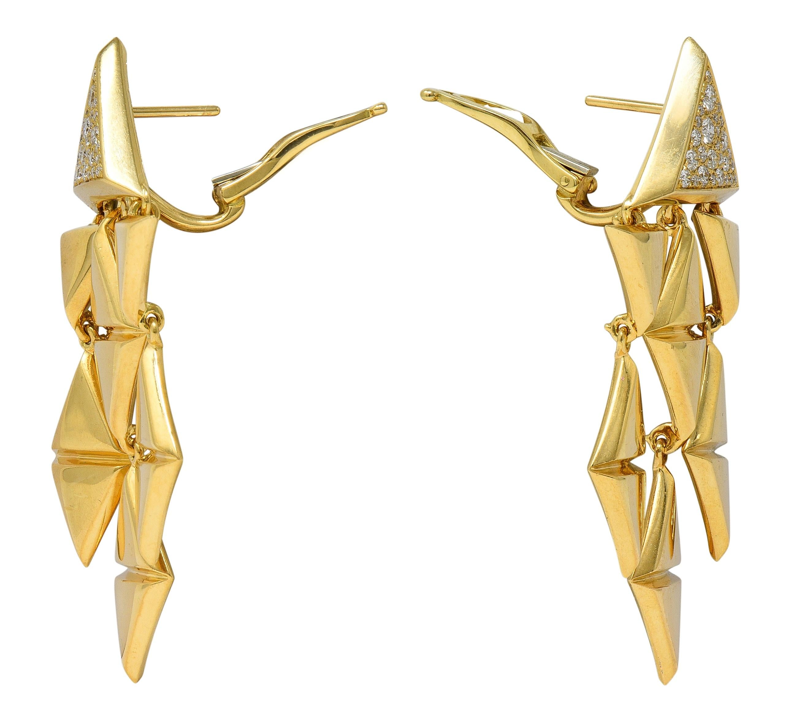 Marina B. 1980's Diamond 18 Karat Yellow Gold Vintage Triangoli Drop Earrings