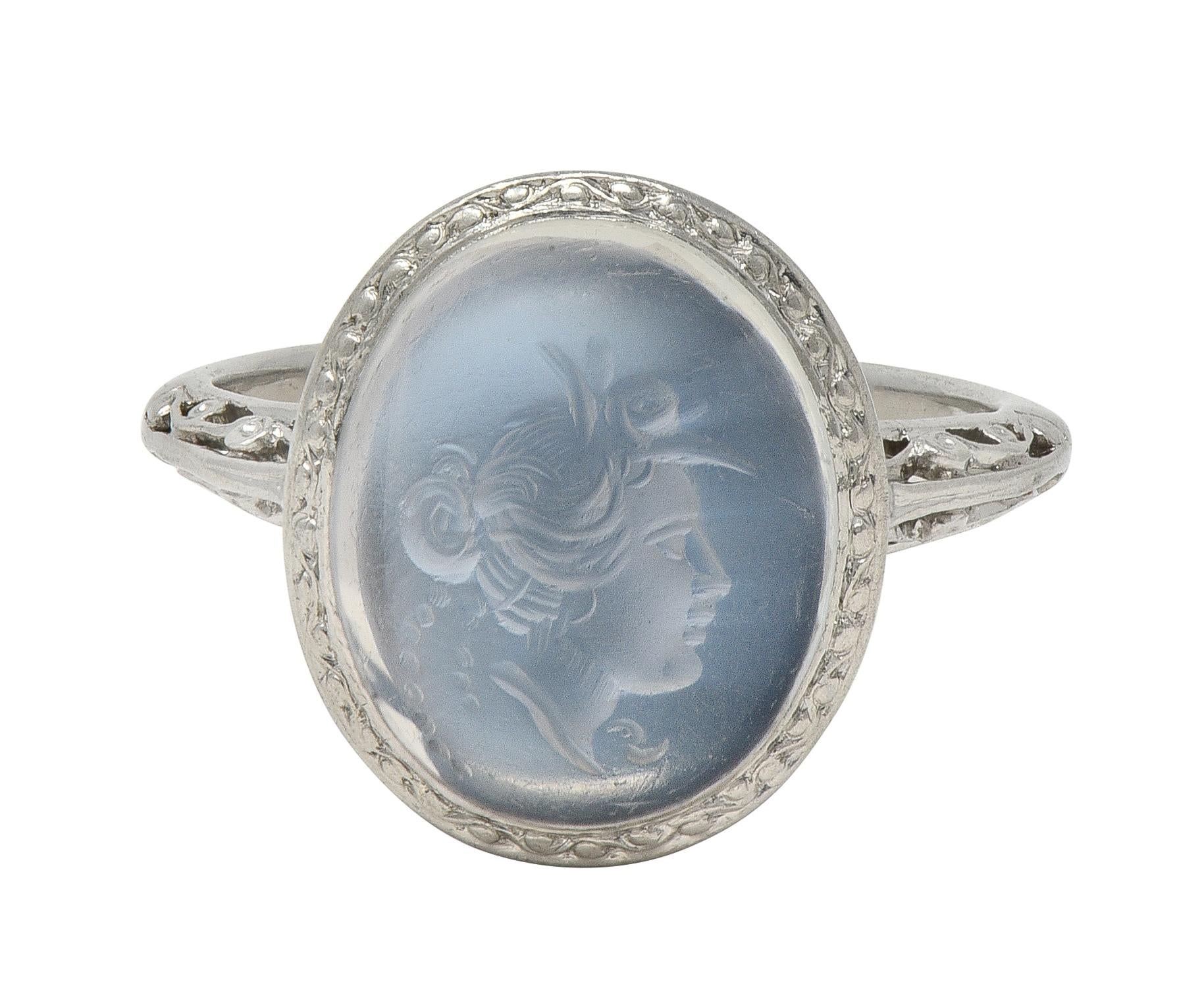 Art Deco Moonstone Platinum Vintage Carved Intaglio Women Portrait Ring