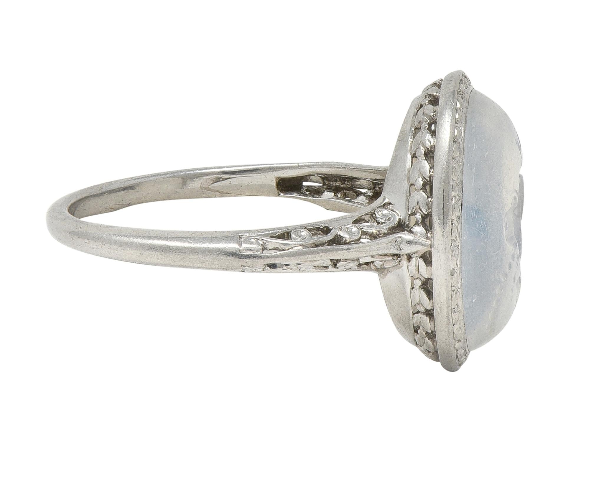 Art Deco Moonstone Platinum Vintage Carved Intaglio Women Portrait Ring