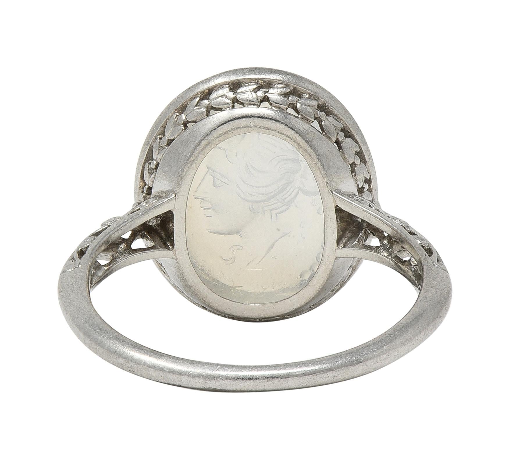 Art Deco Moonstone Platinum Vintage Carved Intaglio Women Portrait Ring