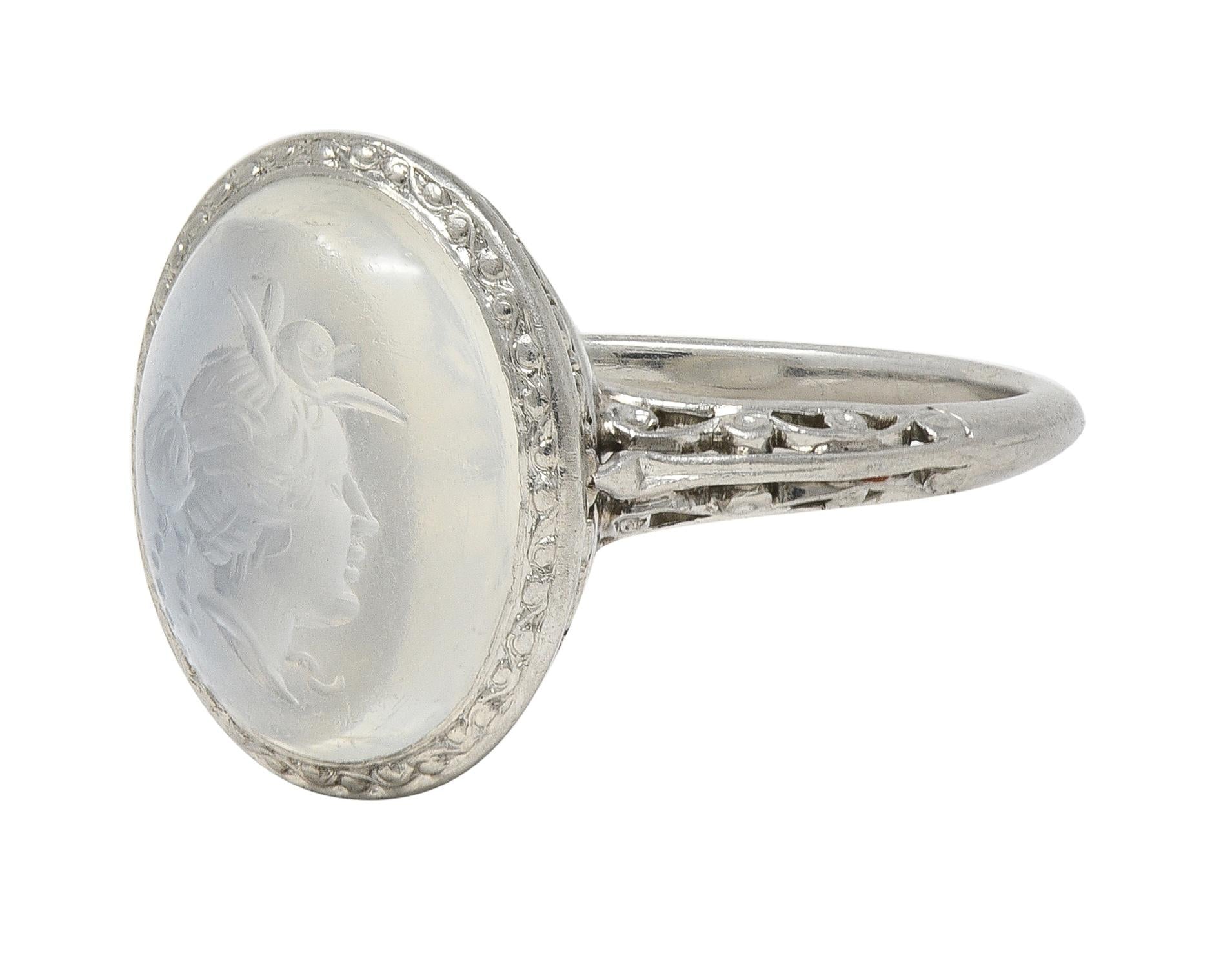 Art Deco Moonstone Platinum Vintage Carved Intaglio Women Portrait Ring