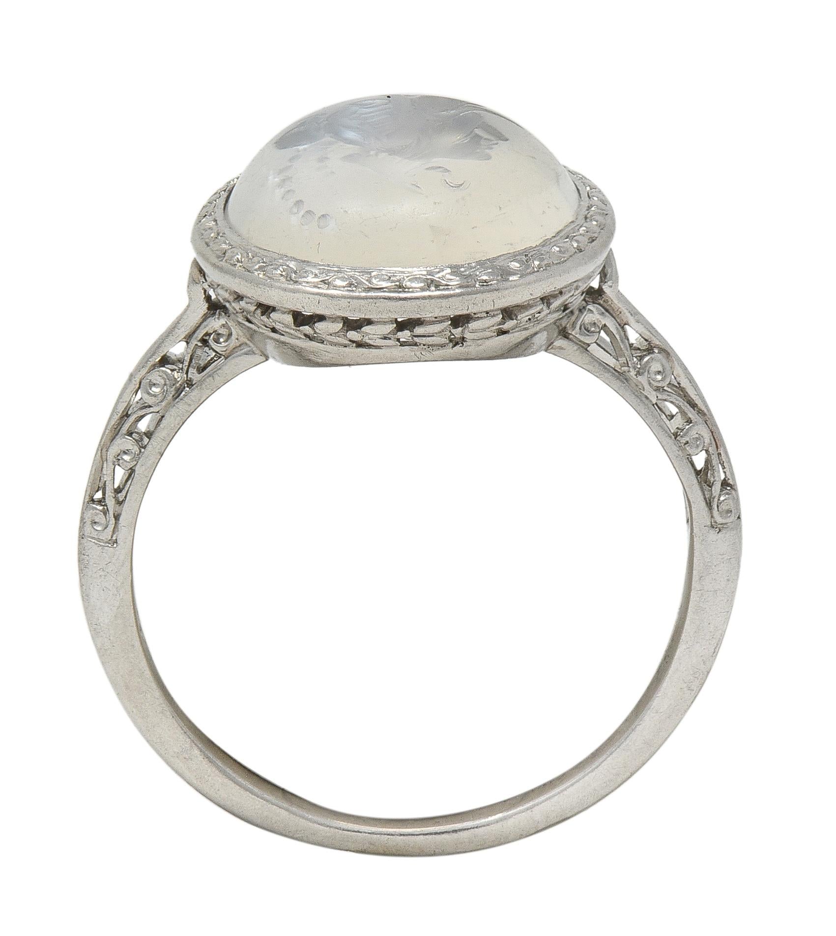Art Deco Moonstone Platinum Vintage Carved Intaglio Women Portrait Ring