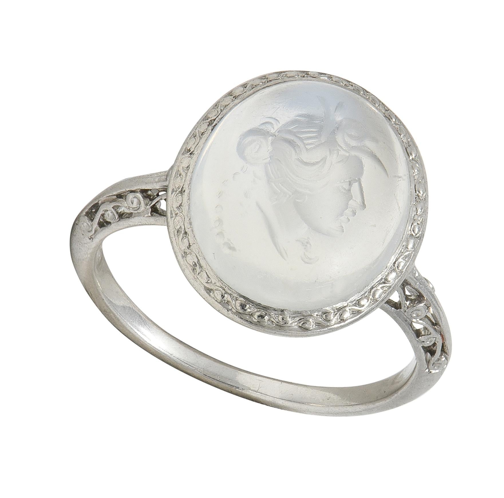 Art Deco Moonstone Platinum Vintage Carved Intaglio Women Portrait Ring