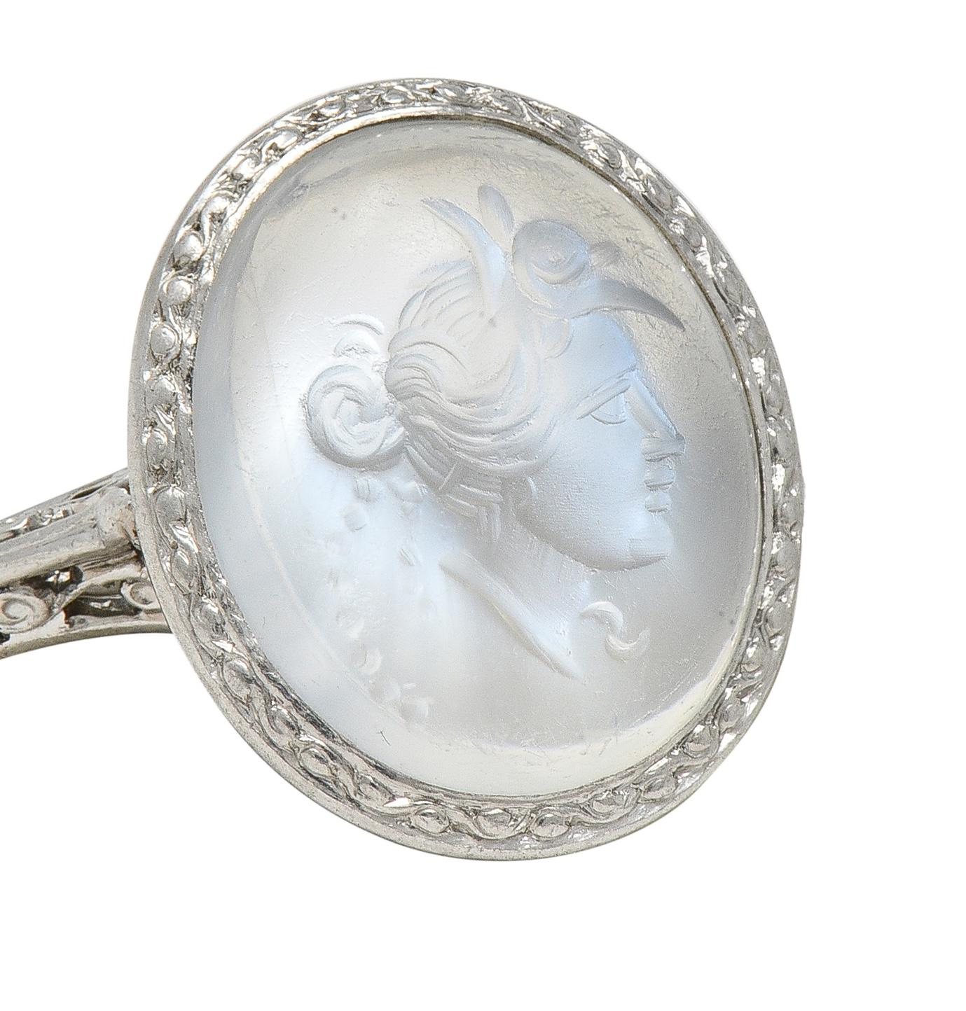 Art Deco Moonstone Platinum Vintage Carved Intaglio Women Portrait Ring