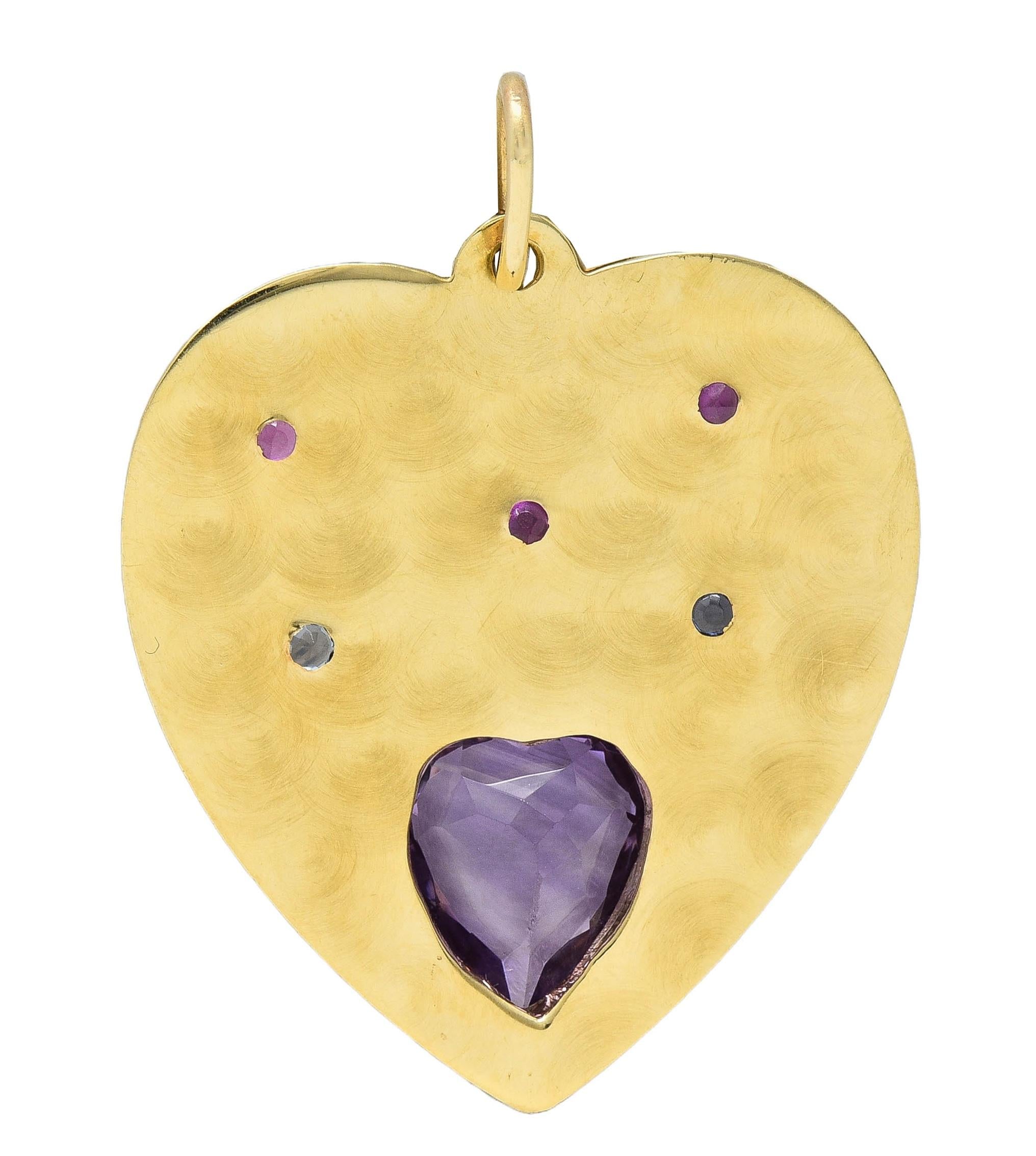 Retro Amethyst Ruby Sapphire 14 Karat Yellow Gold Vintage Heart Pendant