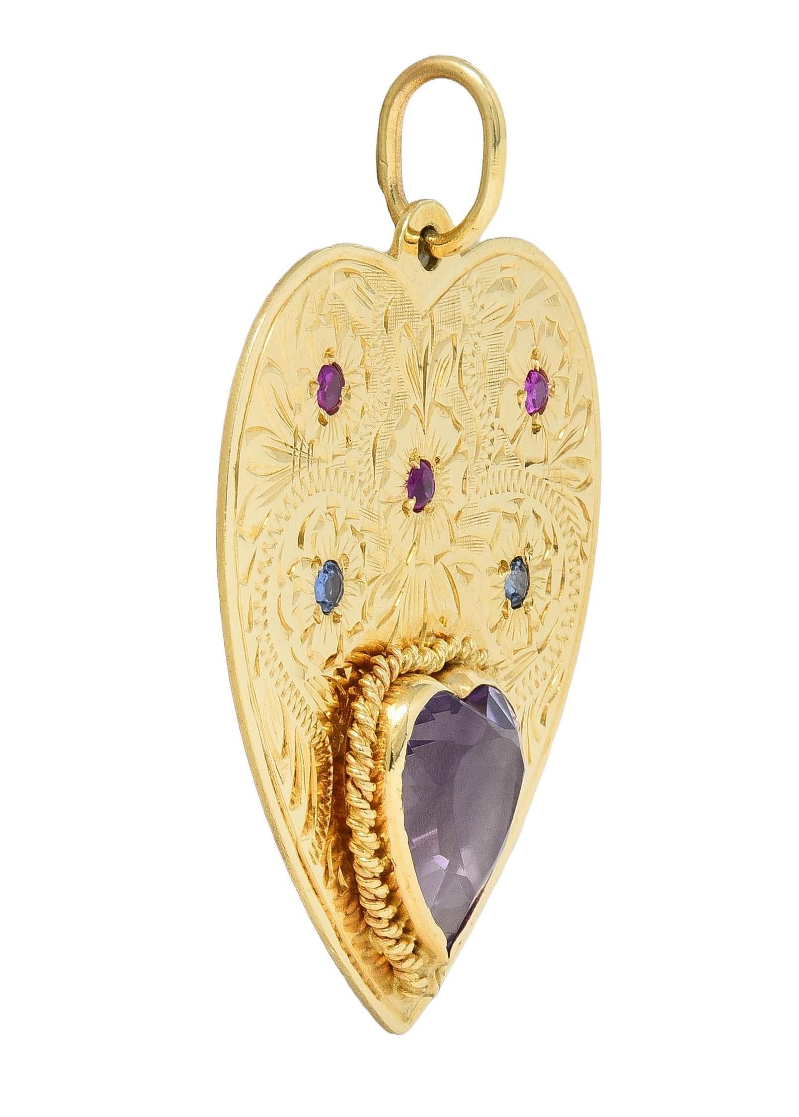 Retro Amethyst Ruby Sapphire 14 Karat Yellow Gold Vintage Heart Pendant