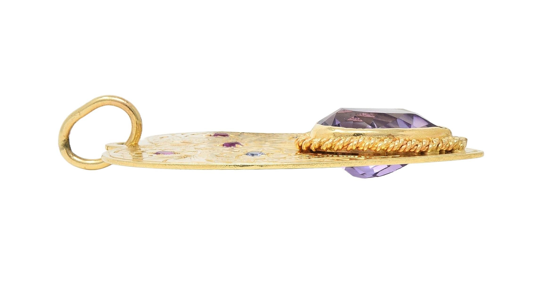Retro Amethyst Ruby Sapphire 14 Karat Yellow Gold Vintage Heart Pendant
