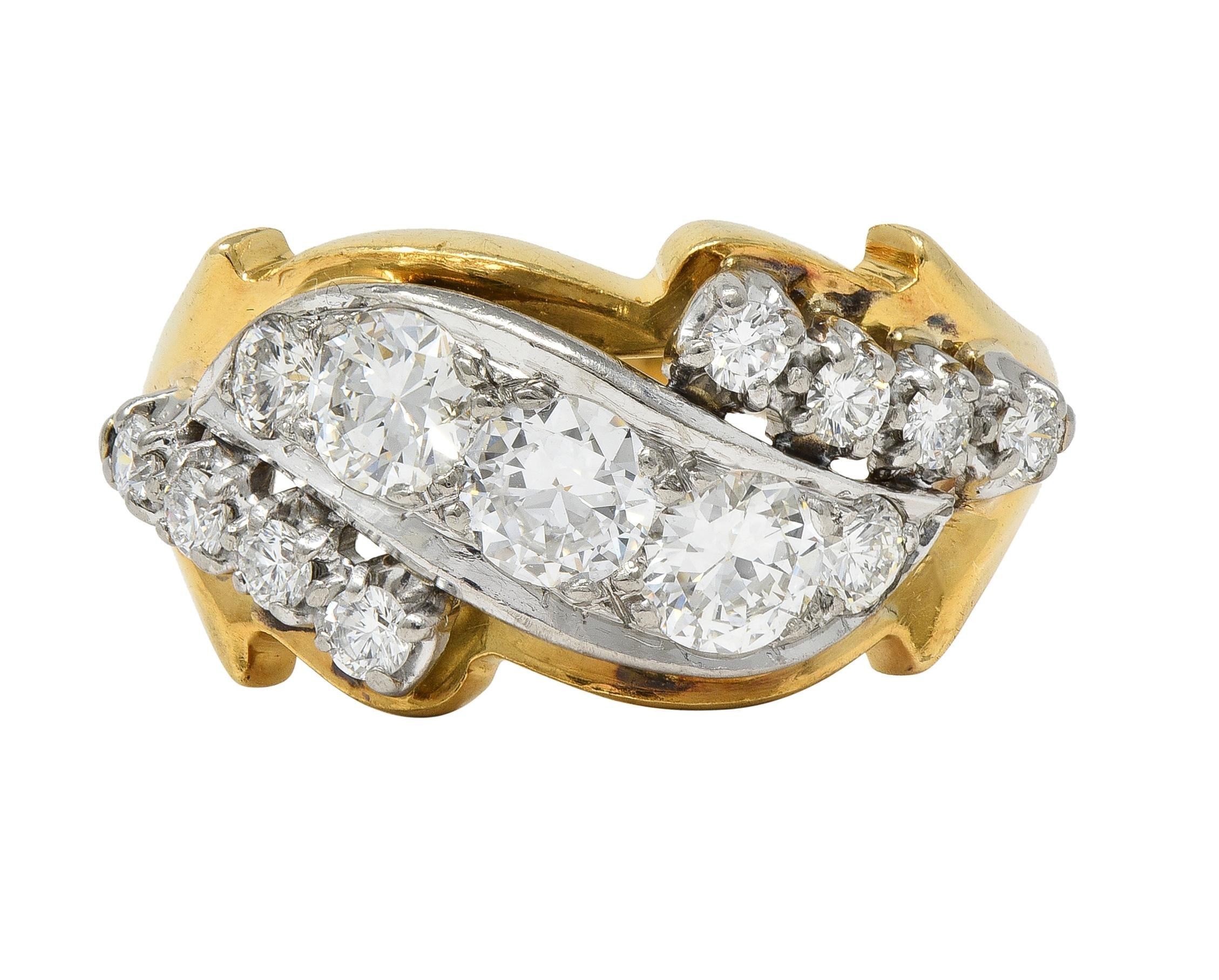 Mid-Century 1.12 CTW Diamond Platinum 18 Karat Gold Vintage Twist Band Ring