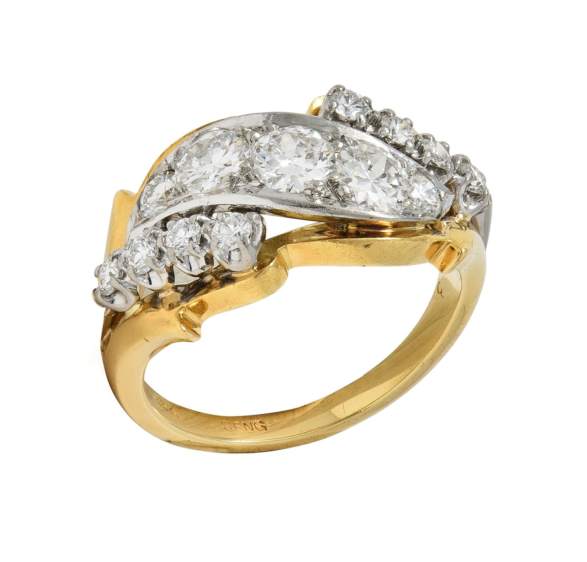 Mid-Century 1.12 CTW Diamond Platinum 18 Karat Gold Vintage Twist Band Ring