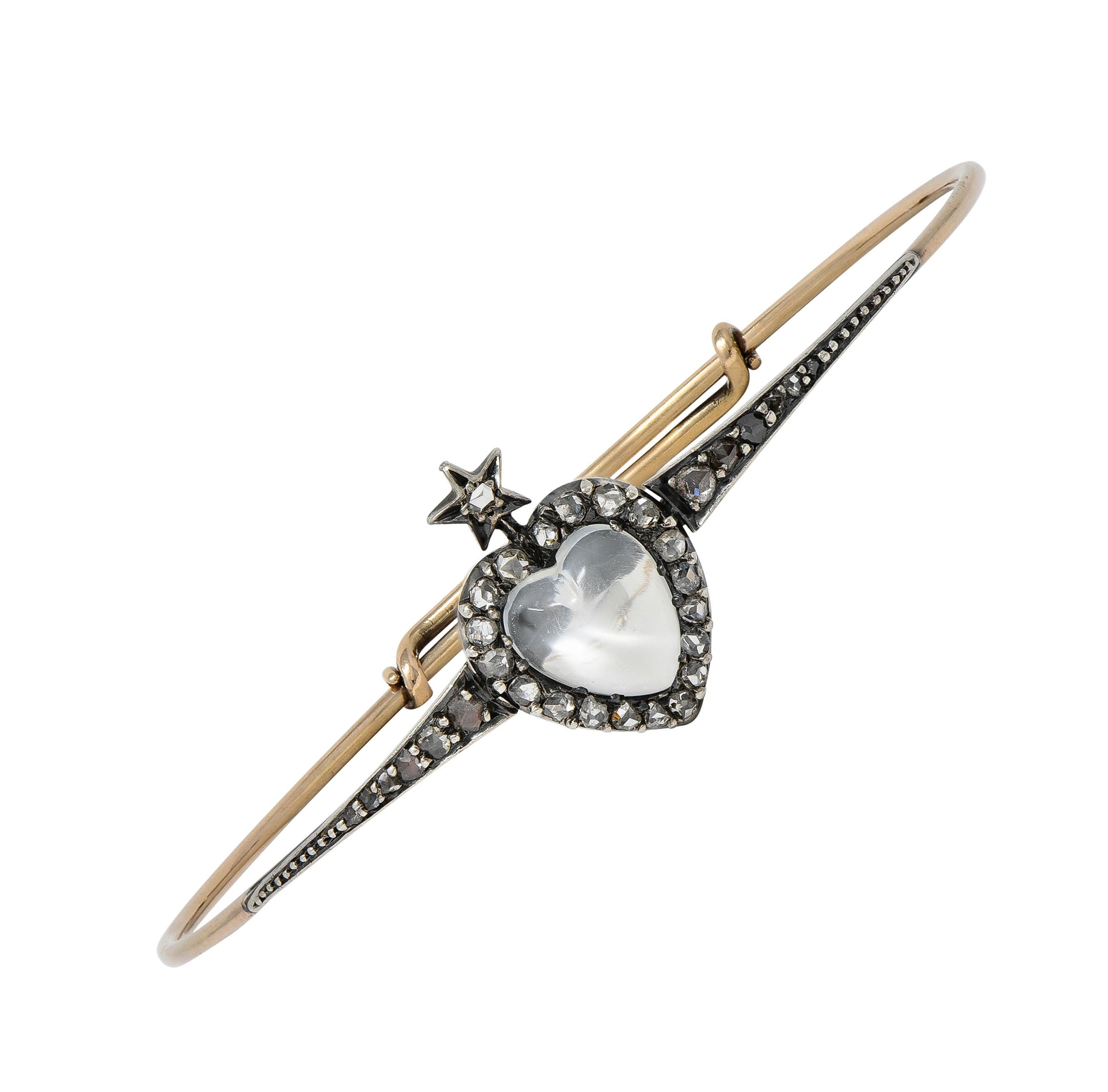 Victorian Moonstone Diamond 14K Gold Silver Heart Star Antique Bangle Bracelet