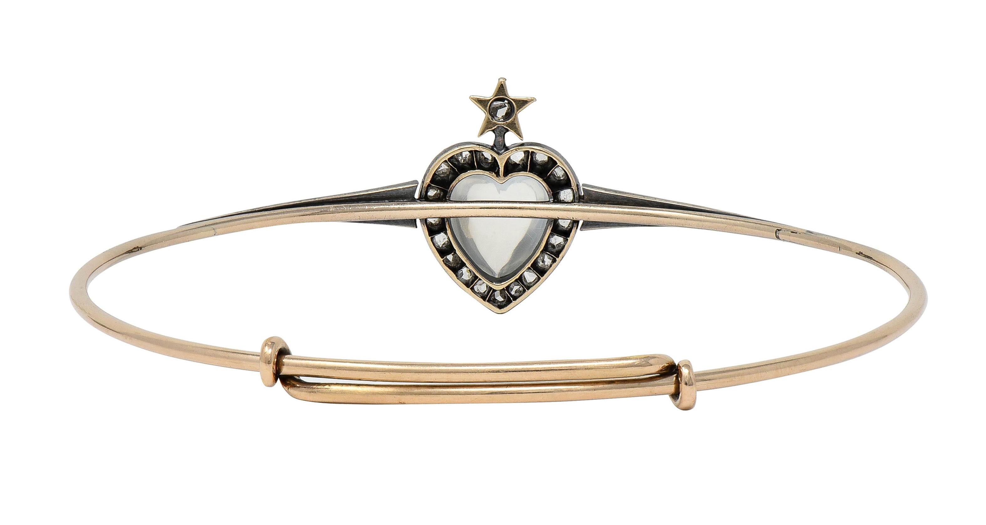 Victorian Moonstone Diamond 14K Gold Silver Heart Star Antique Bangle Bracelet