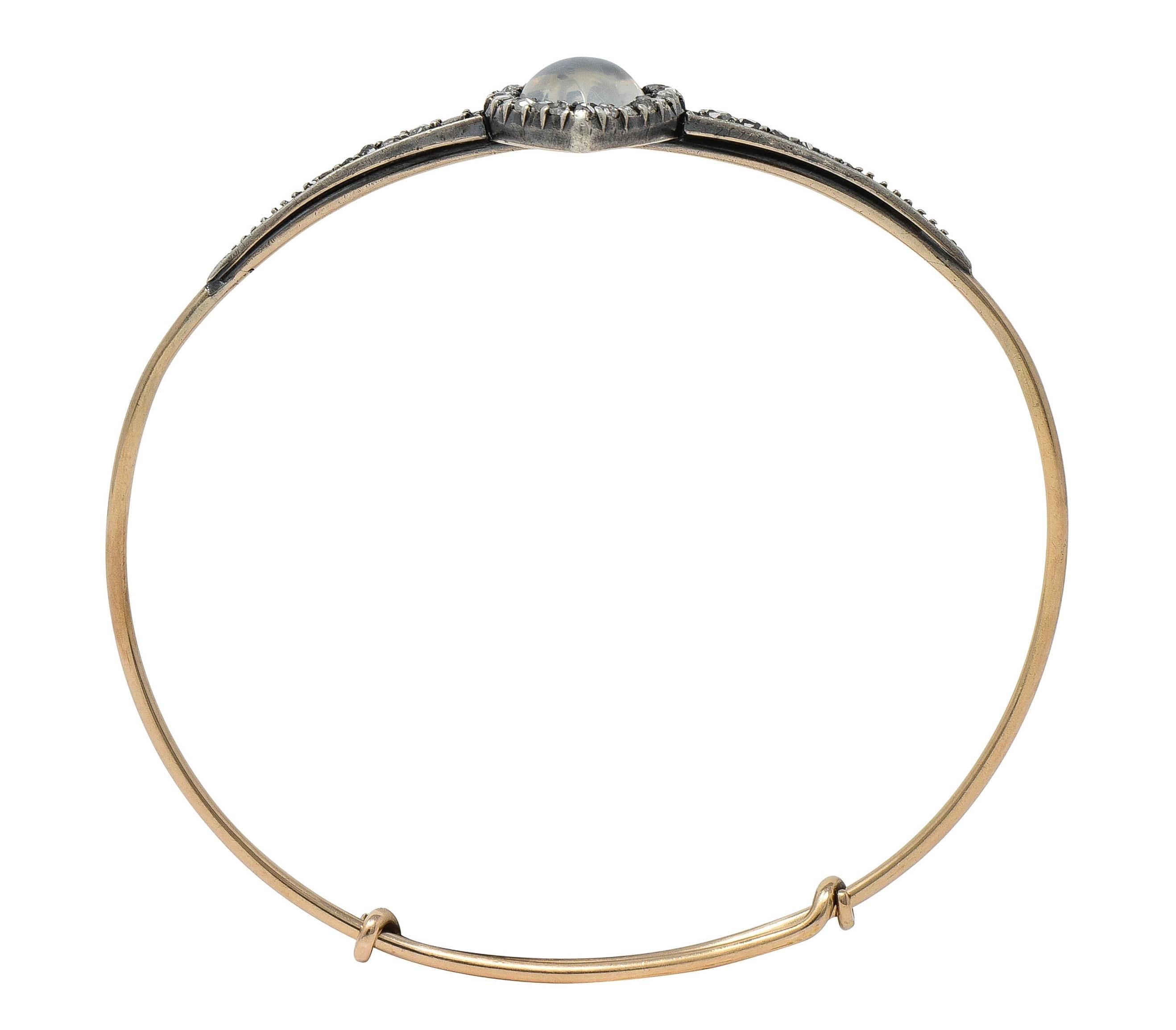 Victorian Moonstone Diamond 14K Gold Silver Heart Star Antique Bangle Bracelet